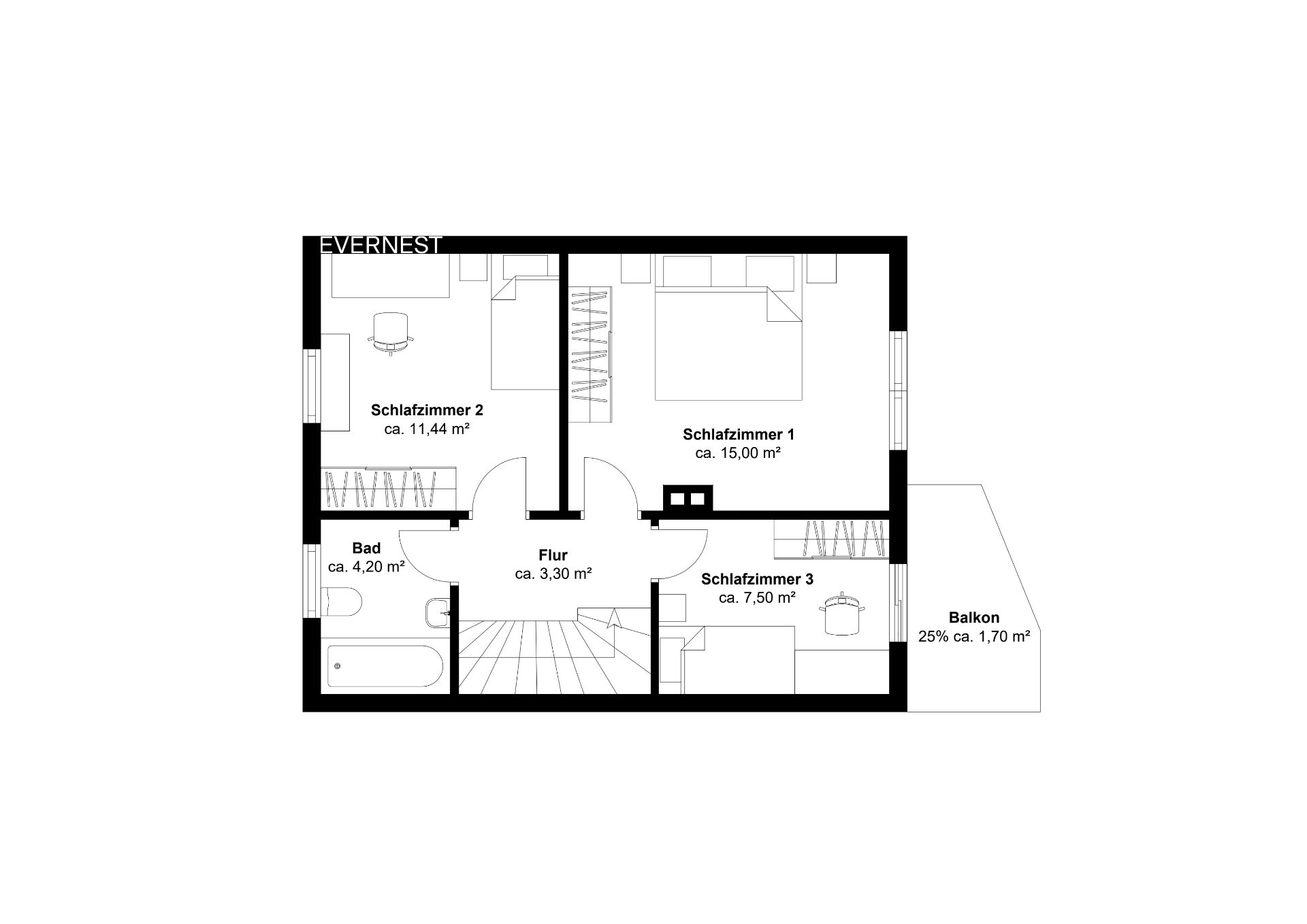 Grundriss mit drei Schlafzimmern, Bad, Flur und Balkon.