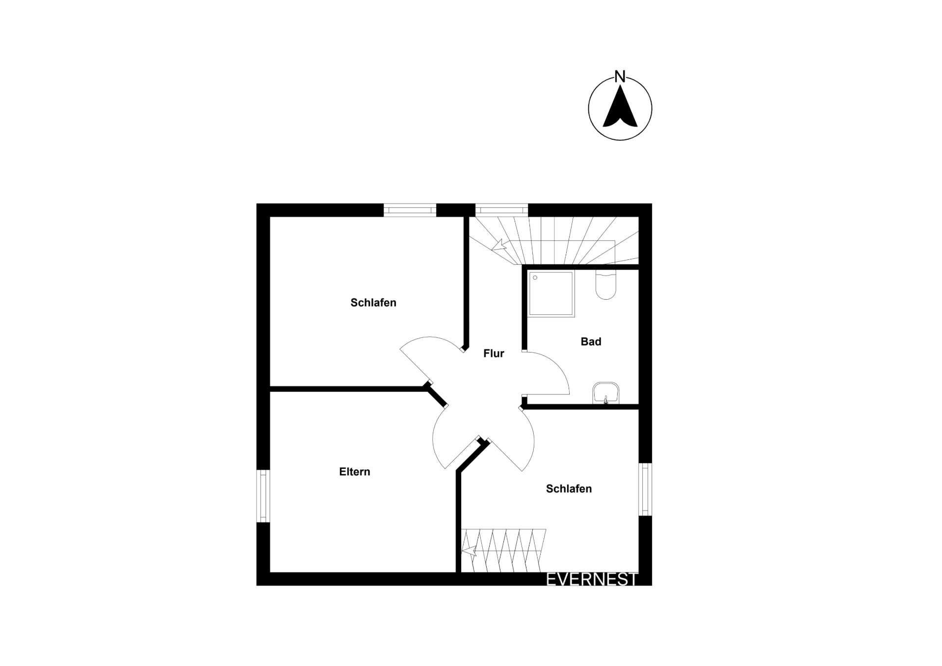 Grundriss eines Obergeschosses mit zwei Schlafzimmern, Elternzimmer, Bad und Flur.