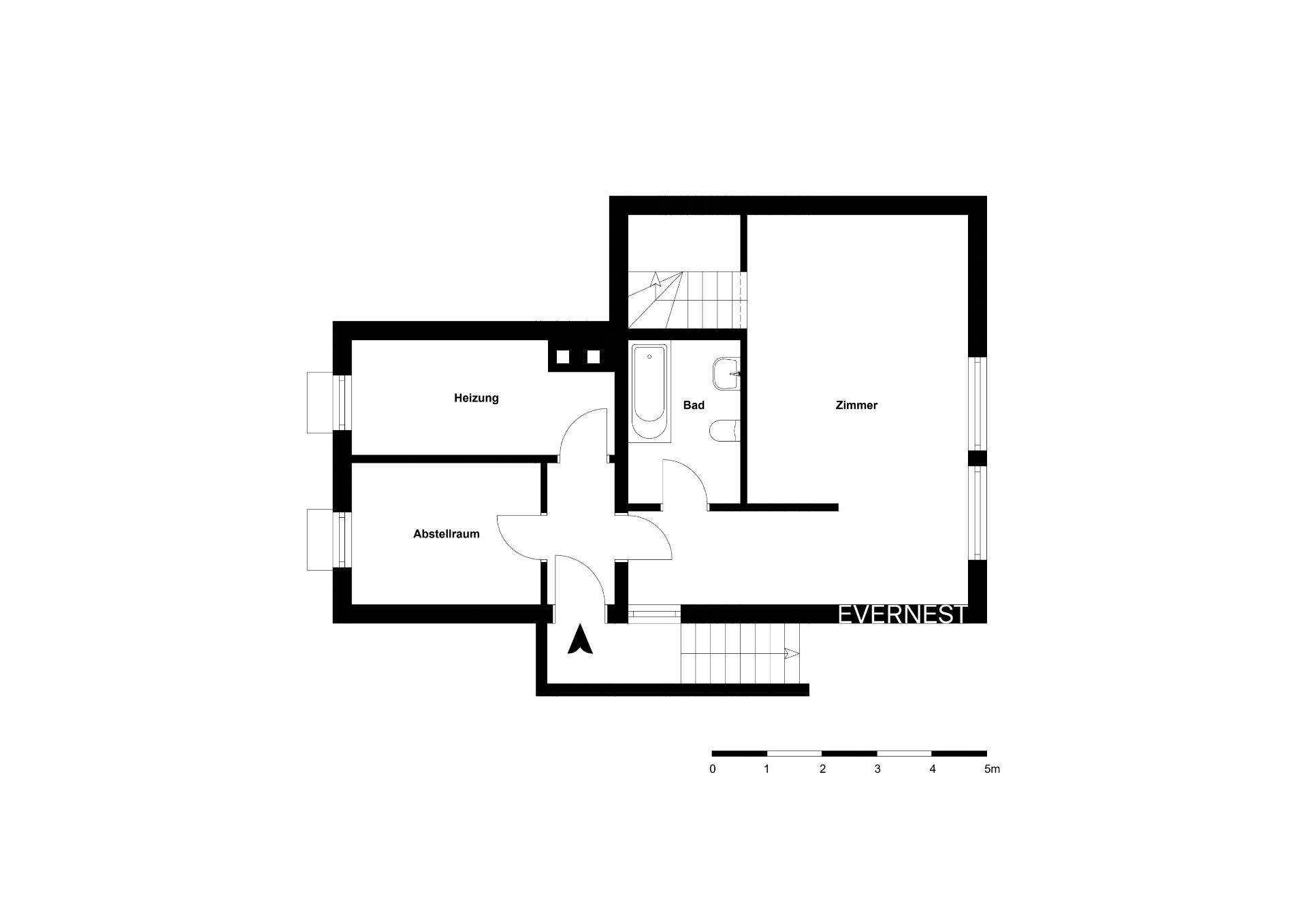 Grundriss mit Heizungsraum, Abstellraum, Bad und Zimmer.
