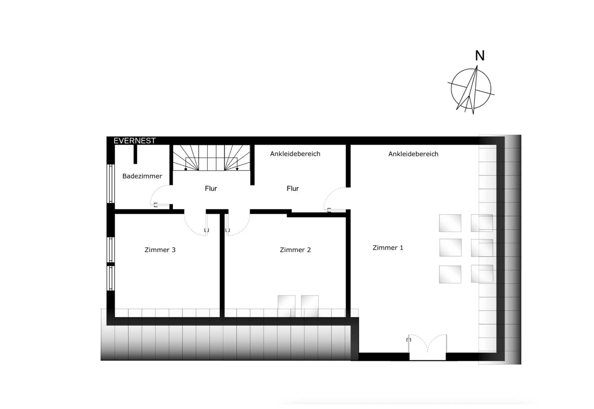 Grundriss einer Wohnungsetage mit drei Zimmern, Badezimmer und zwei Ankleidebereichen.