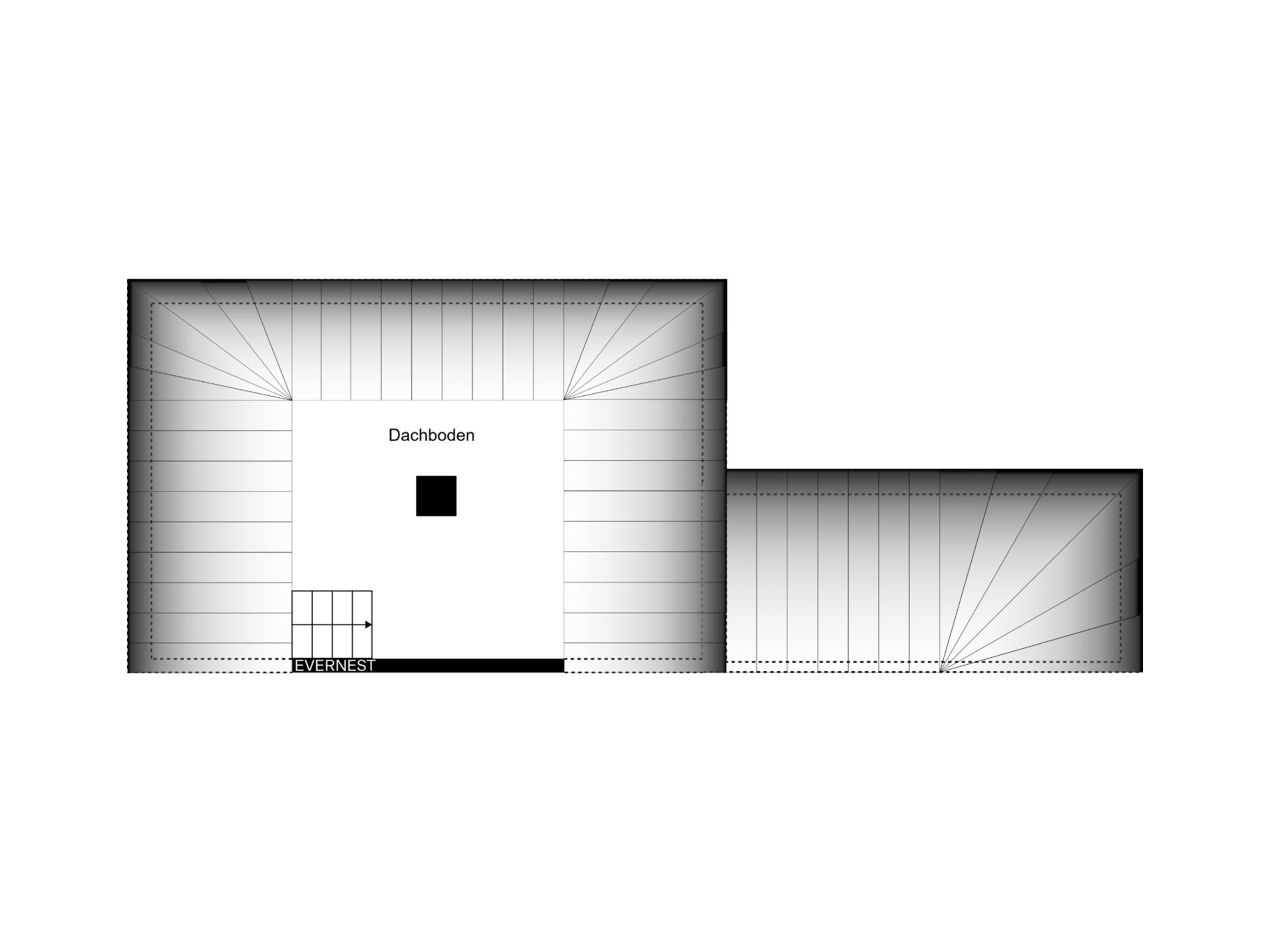 Grundriss eines Dachbodens mit Treppenaufgang.