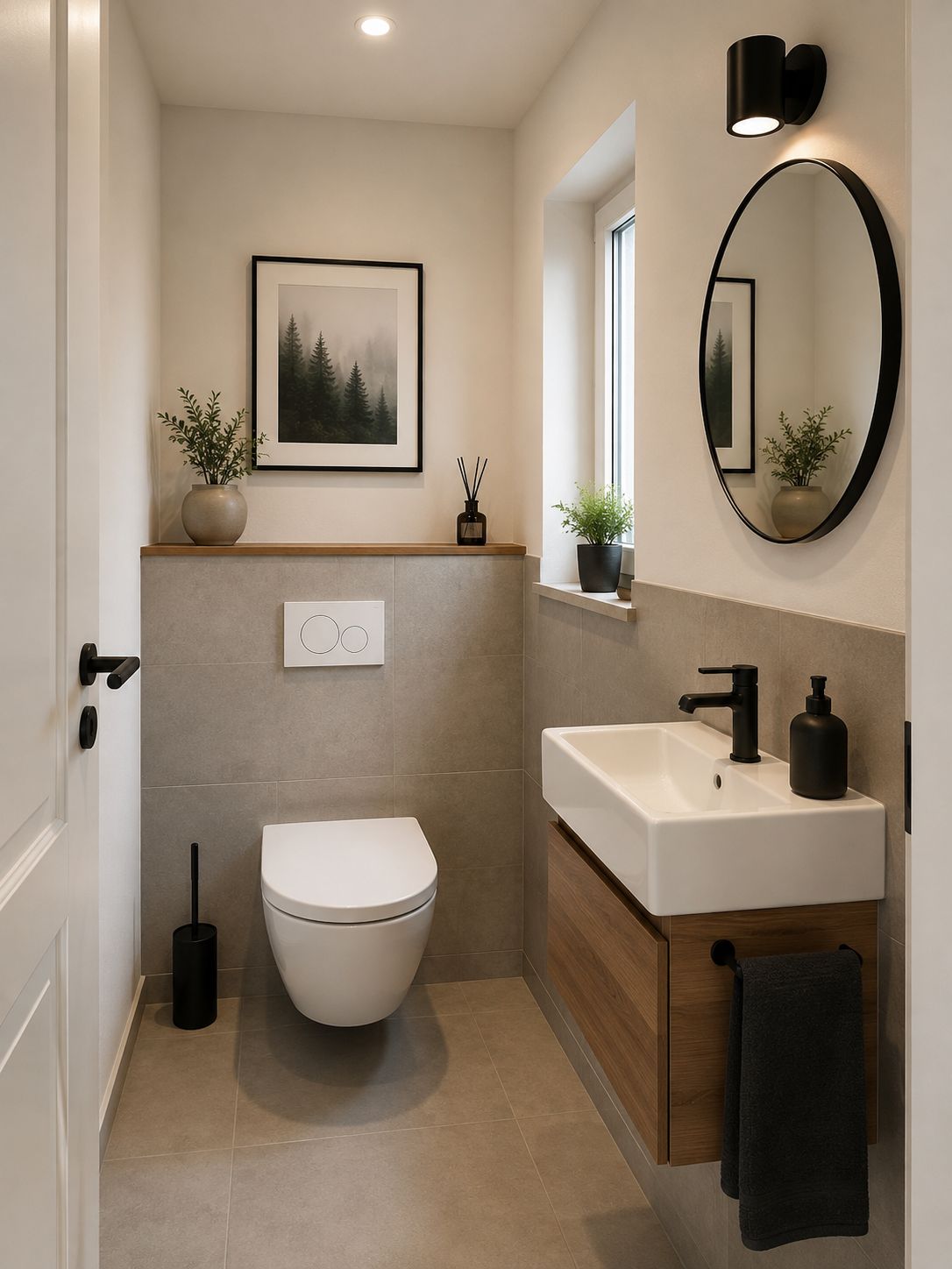 Modernes Bad mit Wandtoilette, Waschbecken, rundem Spiegel und Dekorationen.