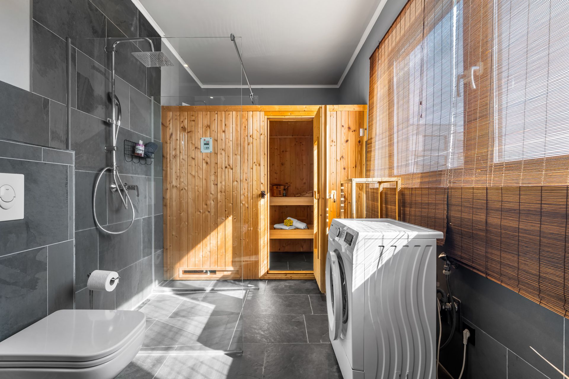 Modernes Bad mit Dusche, Toilette, Waschmaschine und hölzerner Sauna.