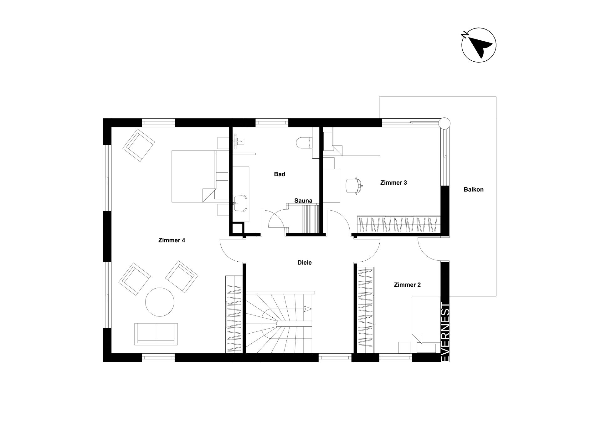 Grundriss mit drei Zimmern, Bad, Sauna, Diele und Balkon.
