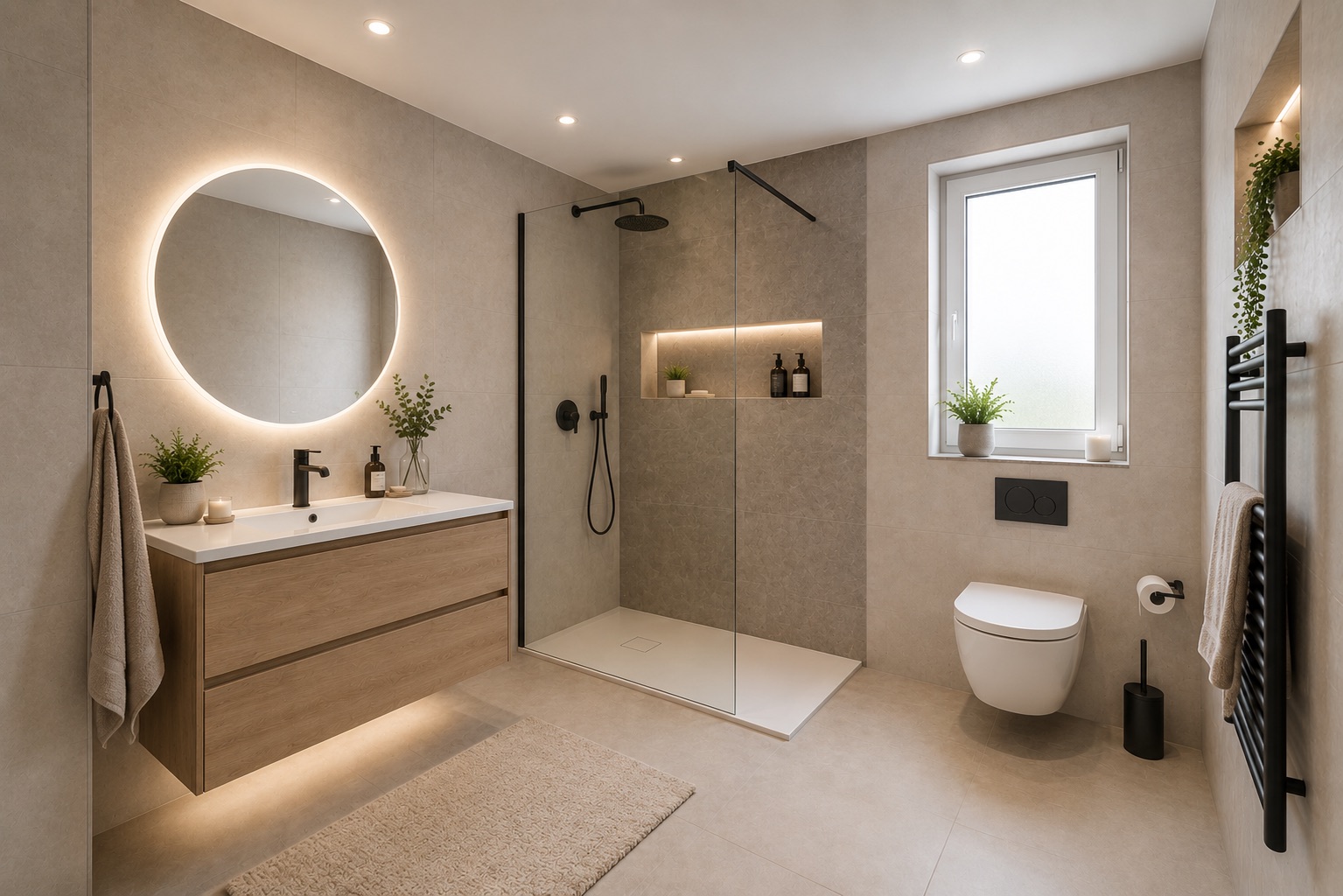 Modernes Bad mit großer Dusche, runder Spiegel, Waschbecken, WC und Pflanzen.