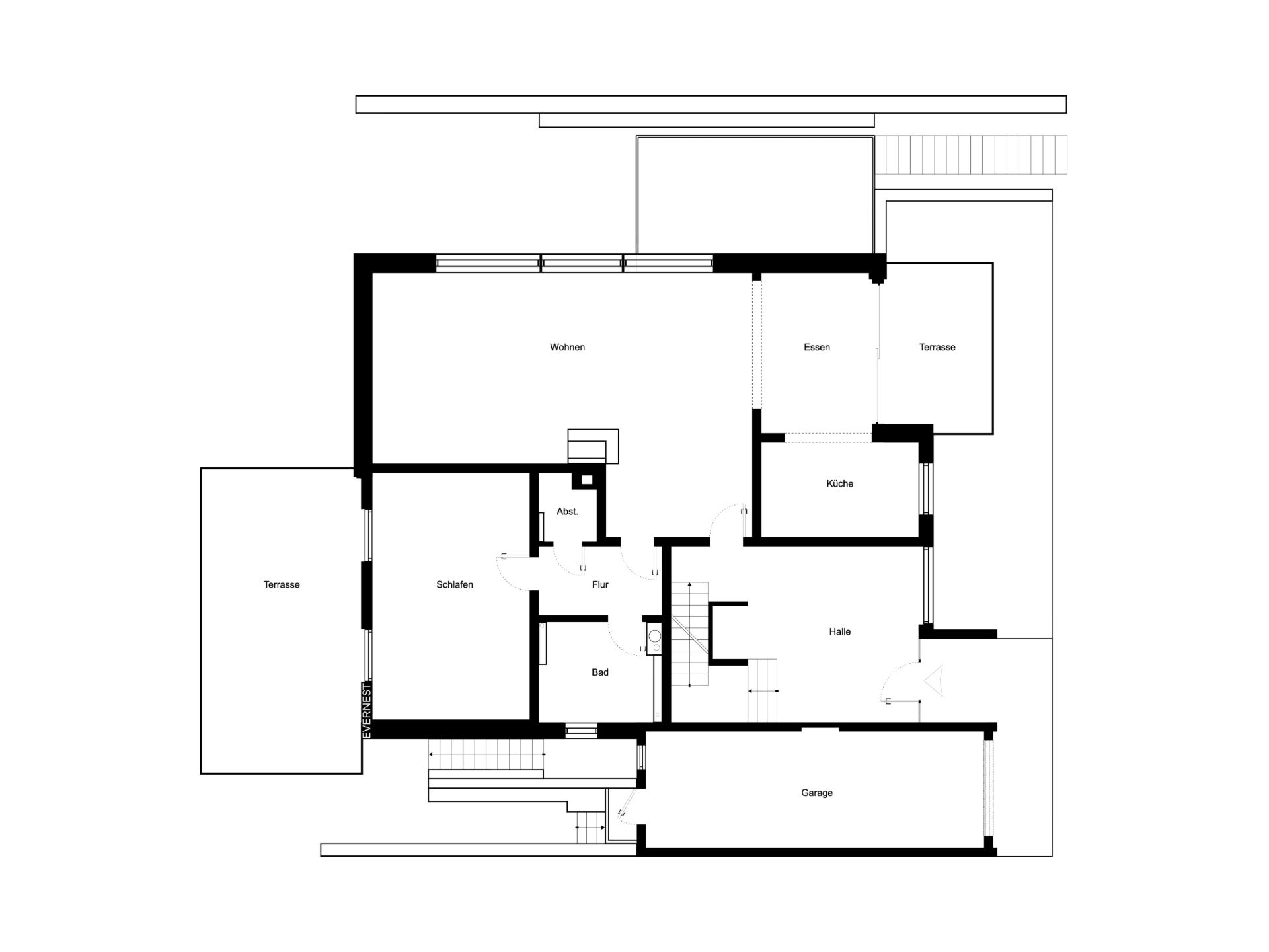 Grundriss eines Hauses mit Räumen wie Wohnen, Essen, Küche, Schlafen, Bad und zwei Terrassen.