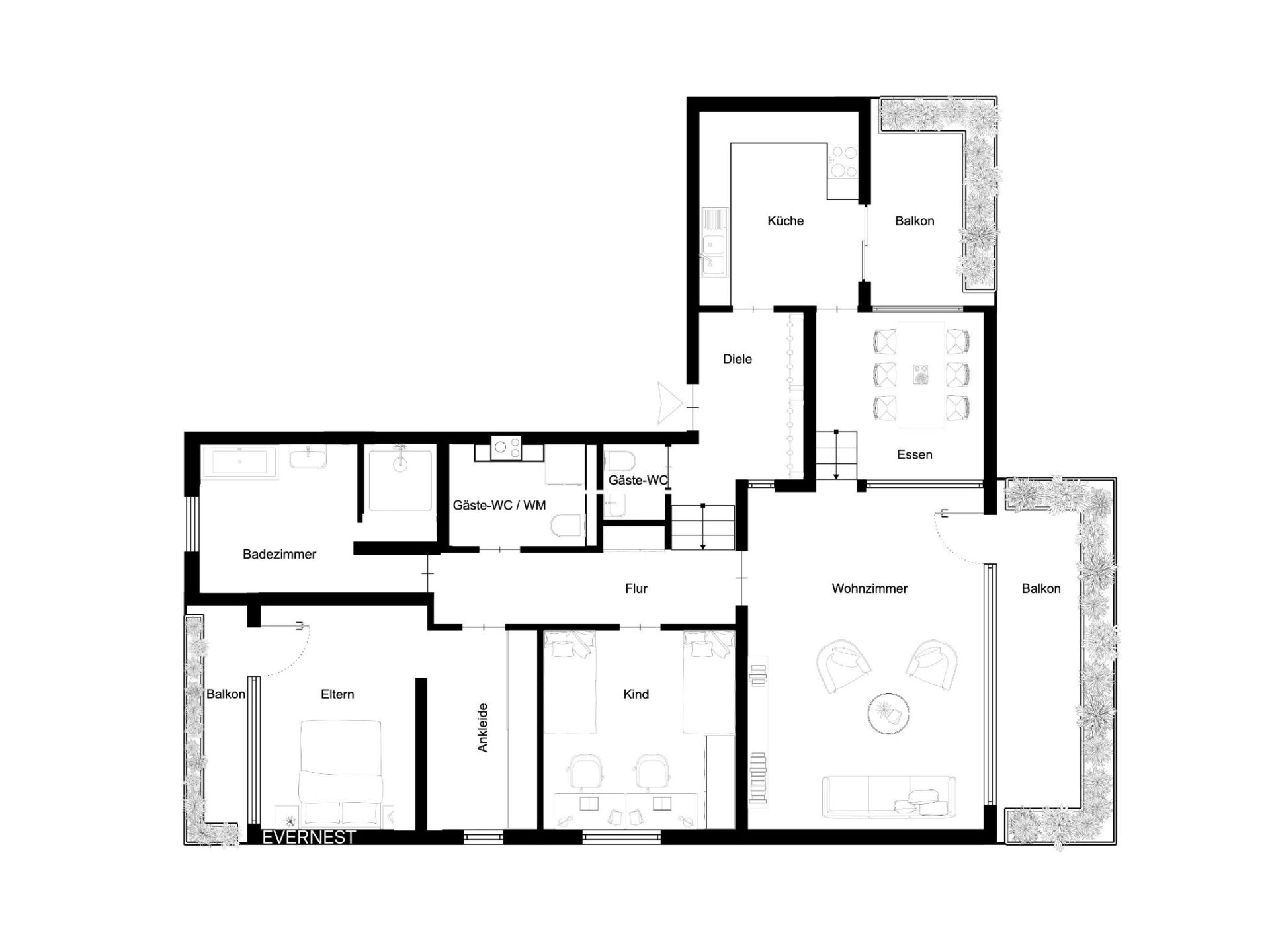 Grundriss einer Wohnung mit Wohnzimmer, Küche, Essbereich, Bad, drei Schlafzimmern und zwei Balkonen.