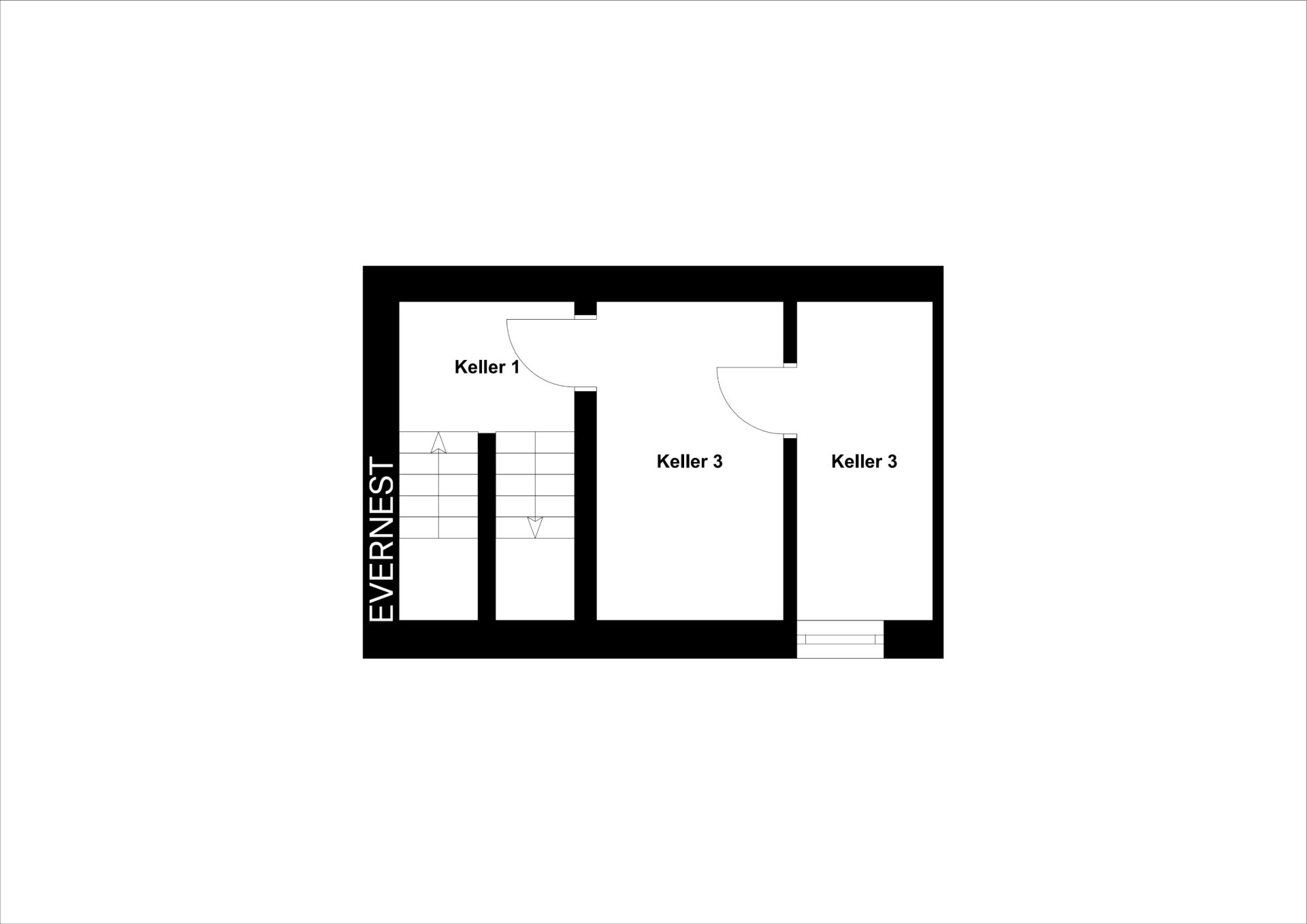 Grundriss mit drei Kellerräumen, einer Treppe und beschrifteten Türen.