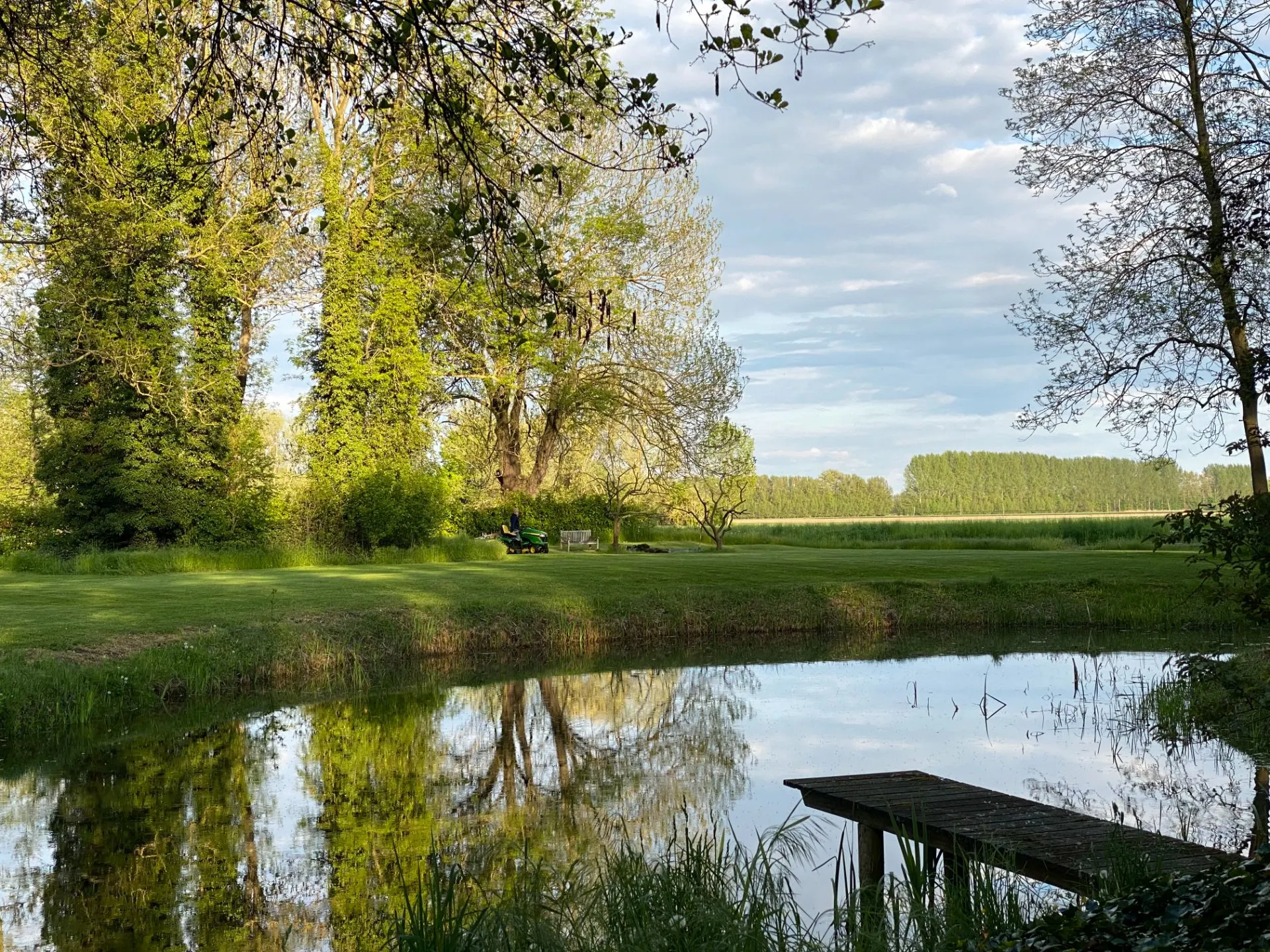 Kleiner Teich mit Holzsteg, umgeben von Wiese und Bäumen im Garten.