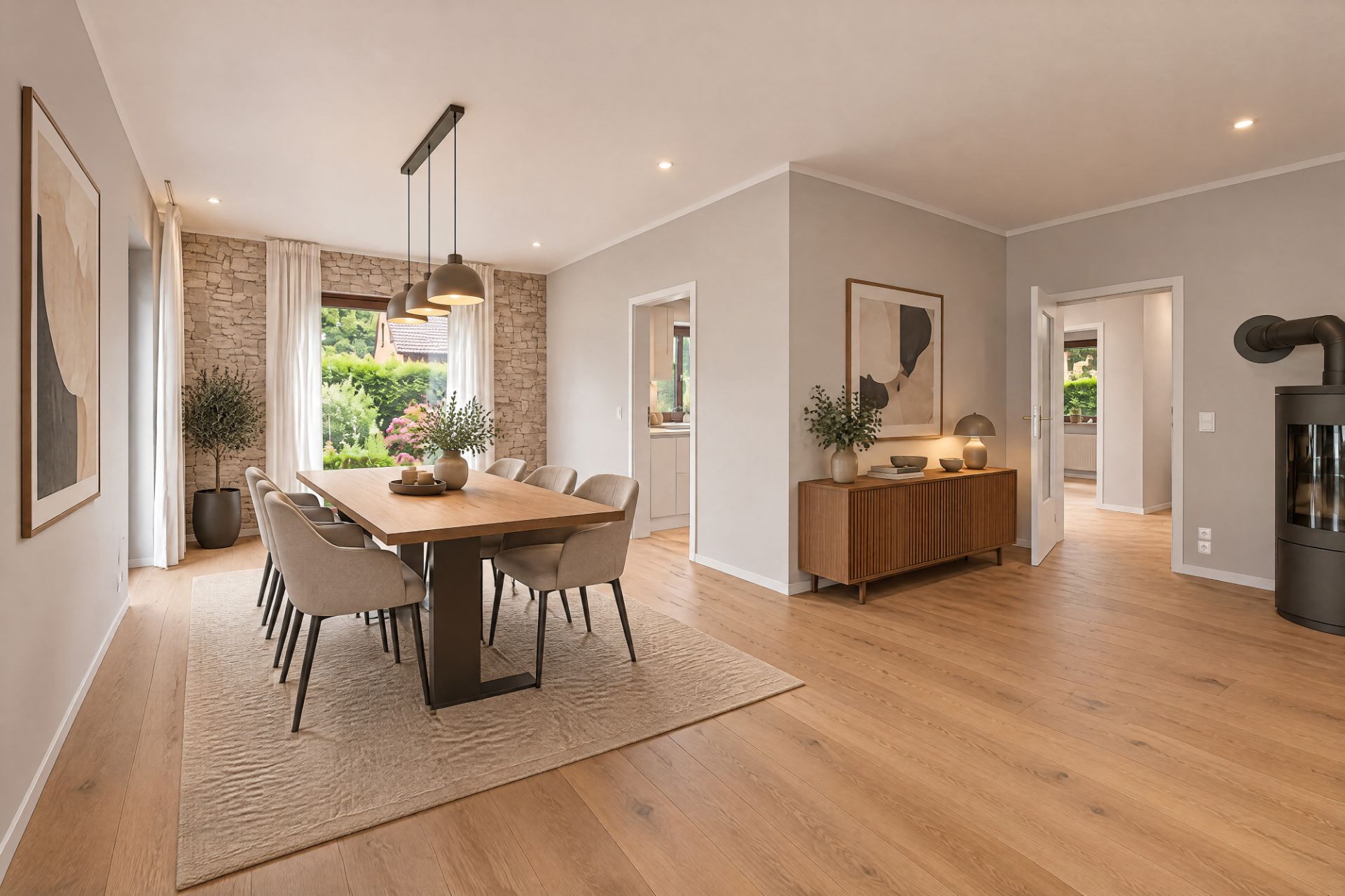 Helles Esszimmer mit Holztisch, acht Stühlen, Teppich und großen Fenstern auf Holzboden.