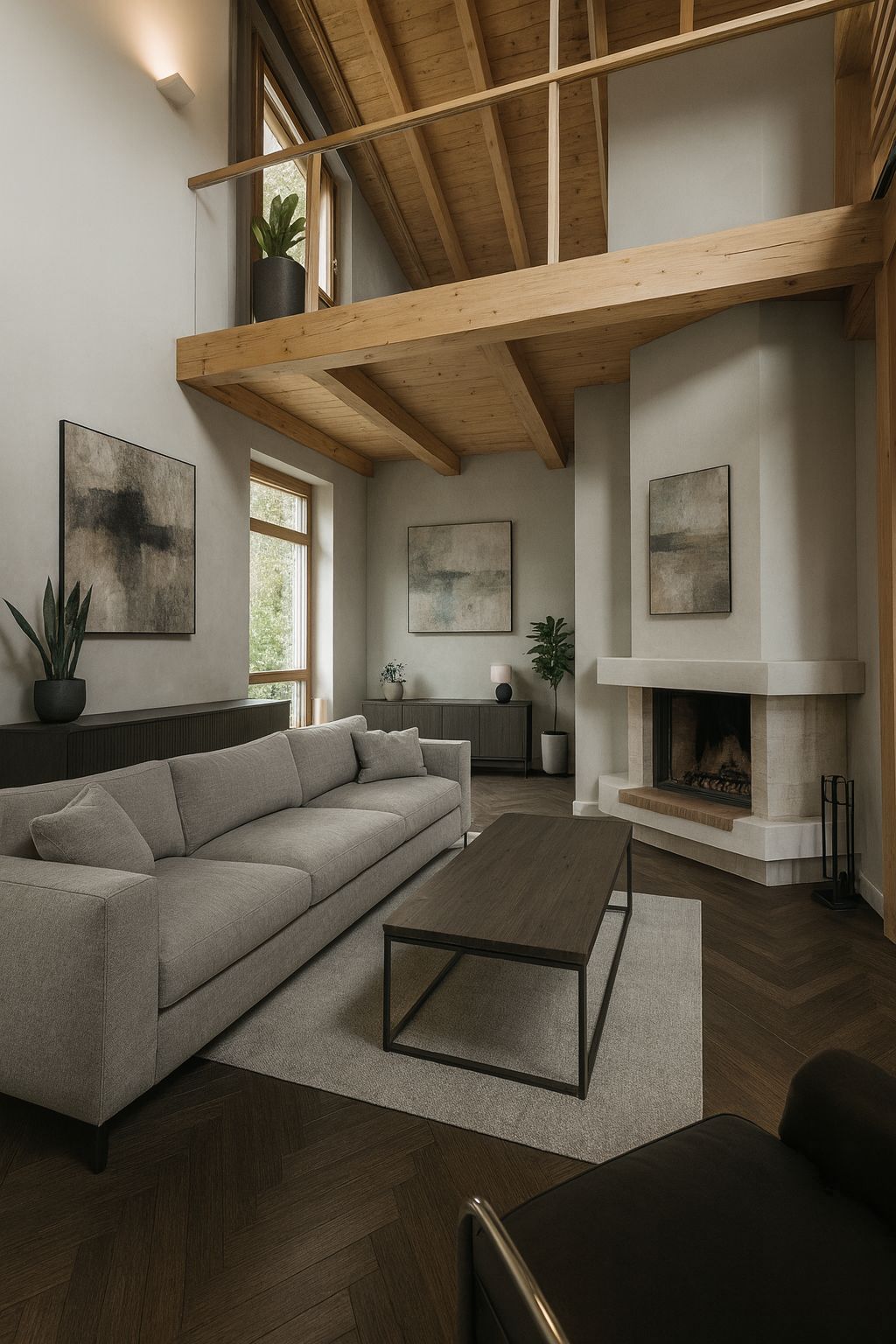 Modernes Wohnzimmer mit grauem Sofa, Holzbalkendecke, Kamin und großen Fenstern.