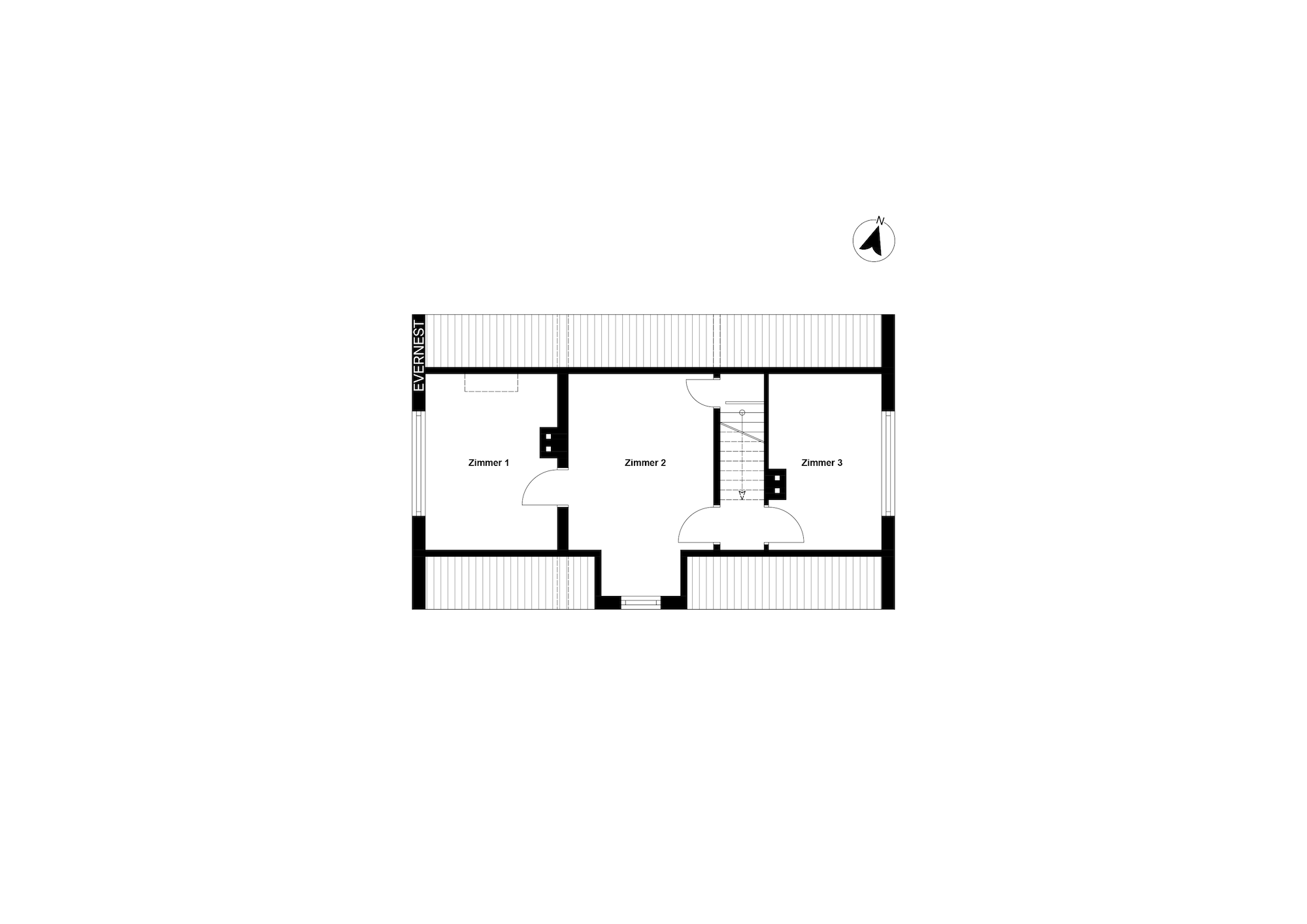 Grundriss mit drei Zimmern und einer Treppe in der Mitte.