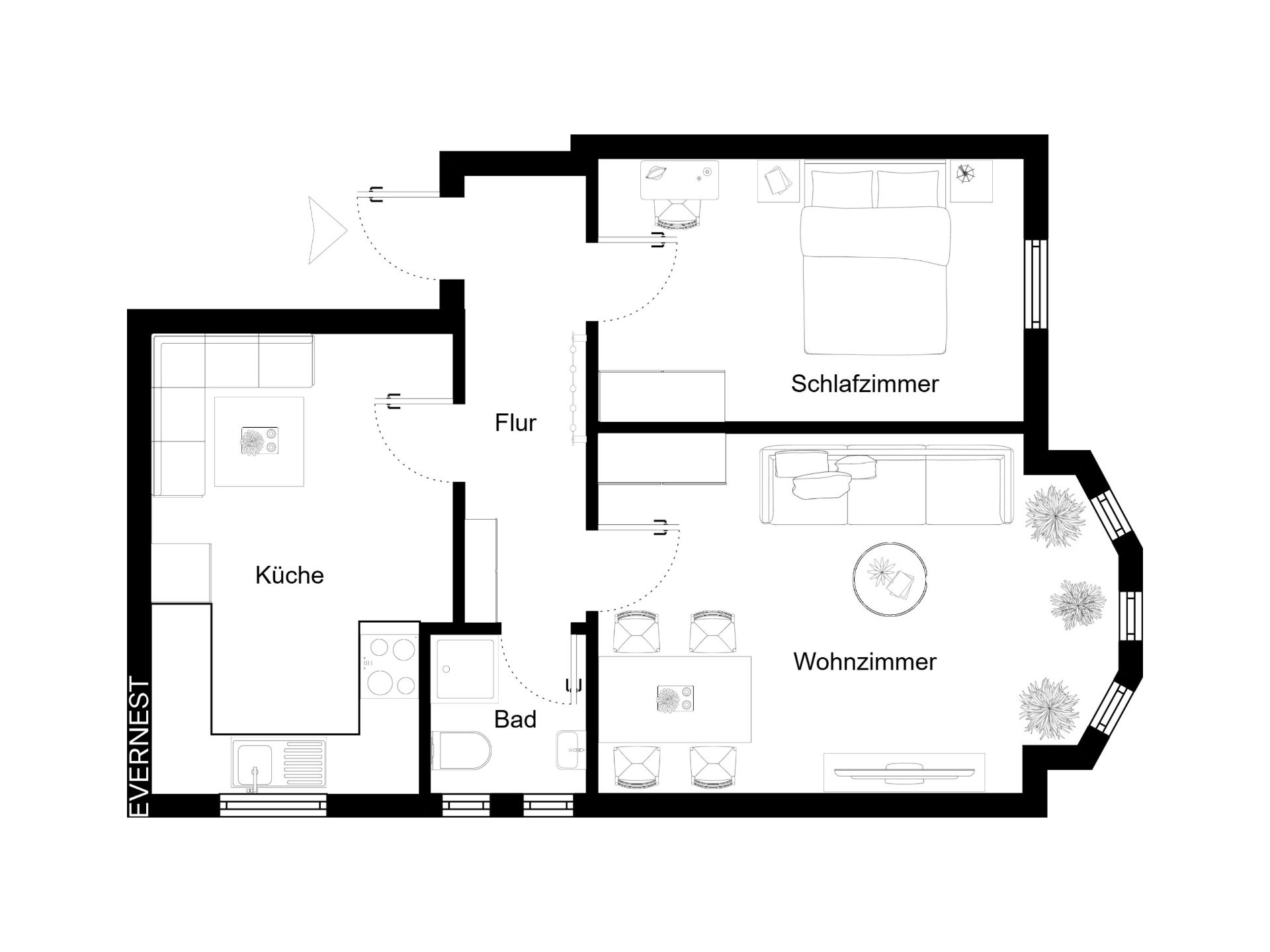Grundriss einer Wohnung mit Küche, Bad, Flur, Schlafzimmer und Wohnzimmer.