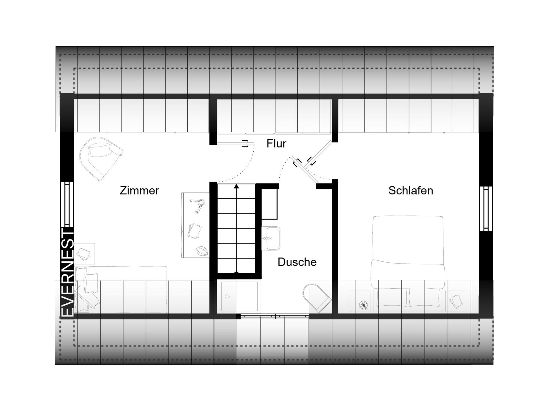 Grundriss mit Zimmer, Flur, Dusche und Schlafbereich.