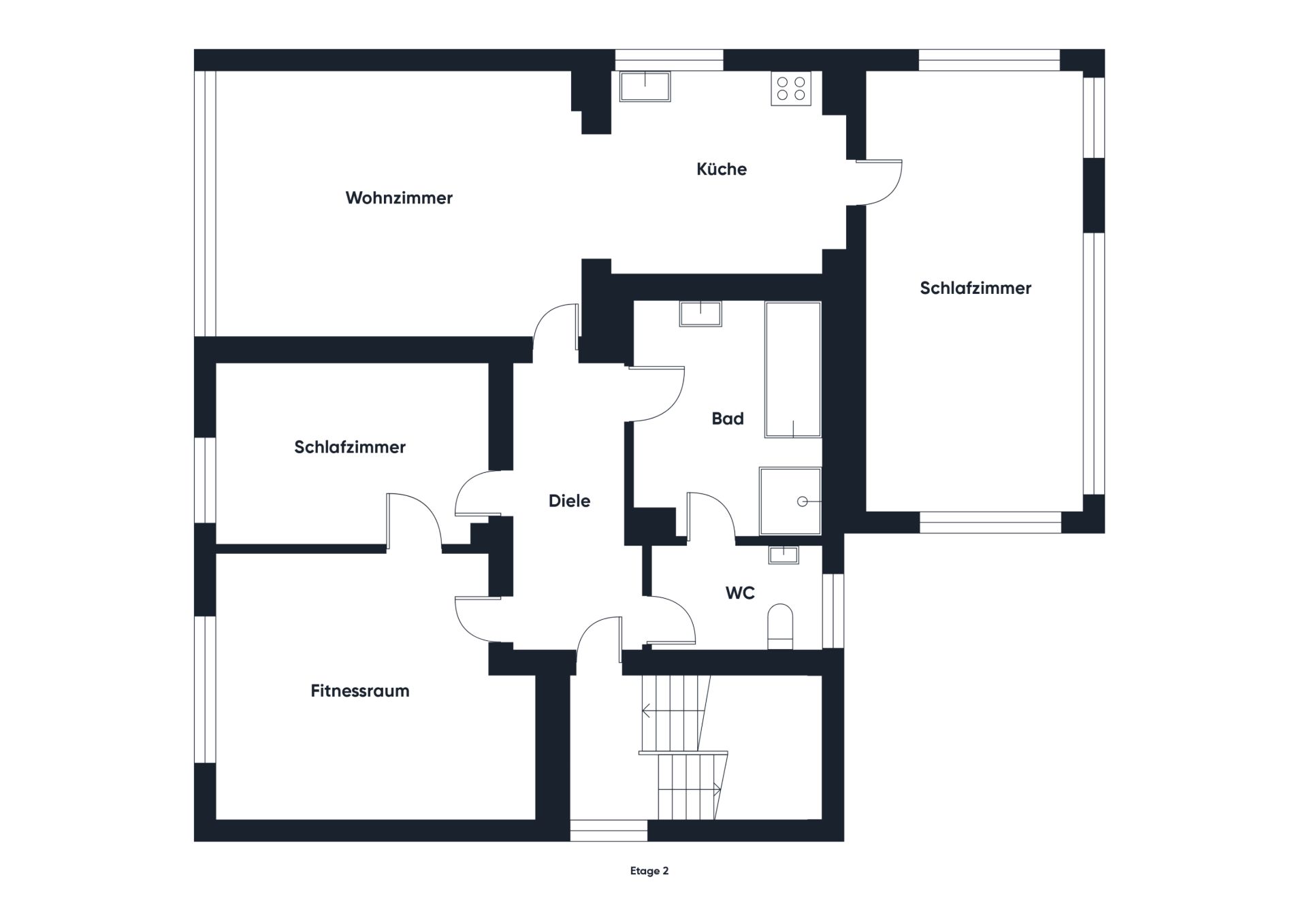 Grundriss einer Wohnung mit Wohnzimmer, Küche, zwei Schlafzimmern, Fitnessraum, Bad und WC.