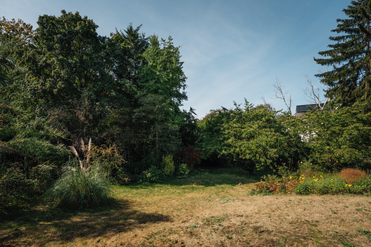 Garten mit Rasenfläche, Büschen, Blumenbeet und vielen Bäumen bei sonnigem Wetter.