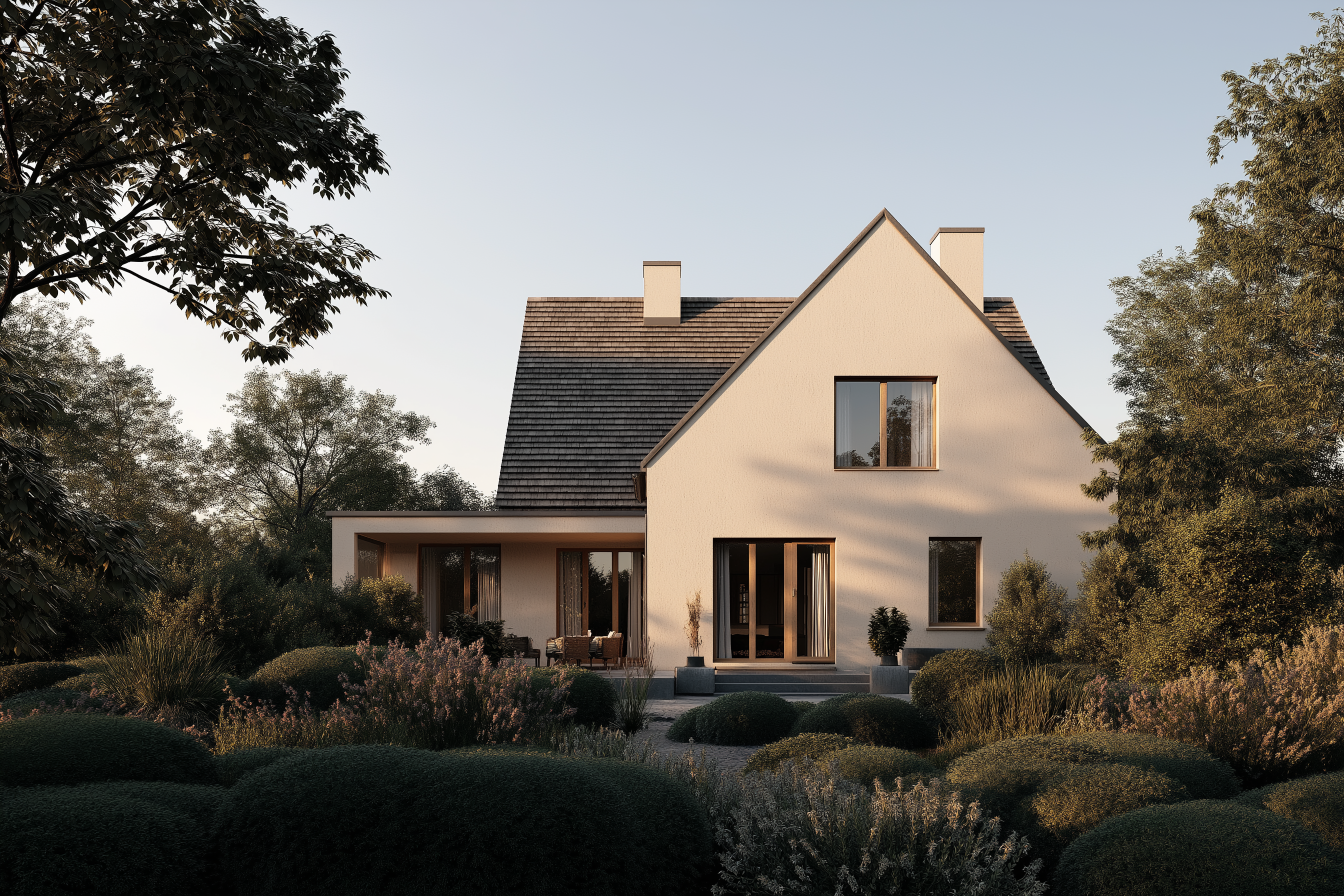 Modernes Einfamilienhaus mit Satteldach und großer Fensterfront, umgeben von Garten und Büschen.