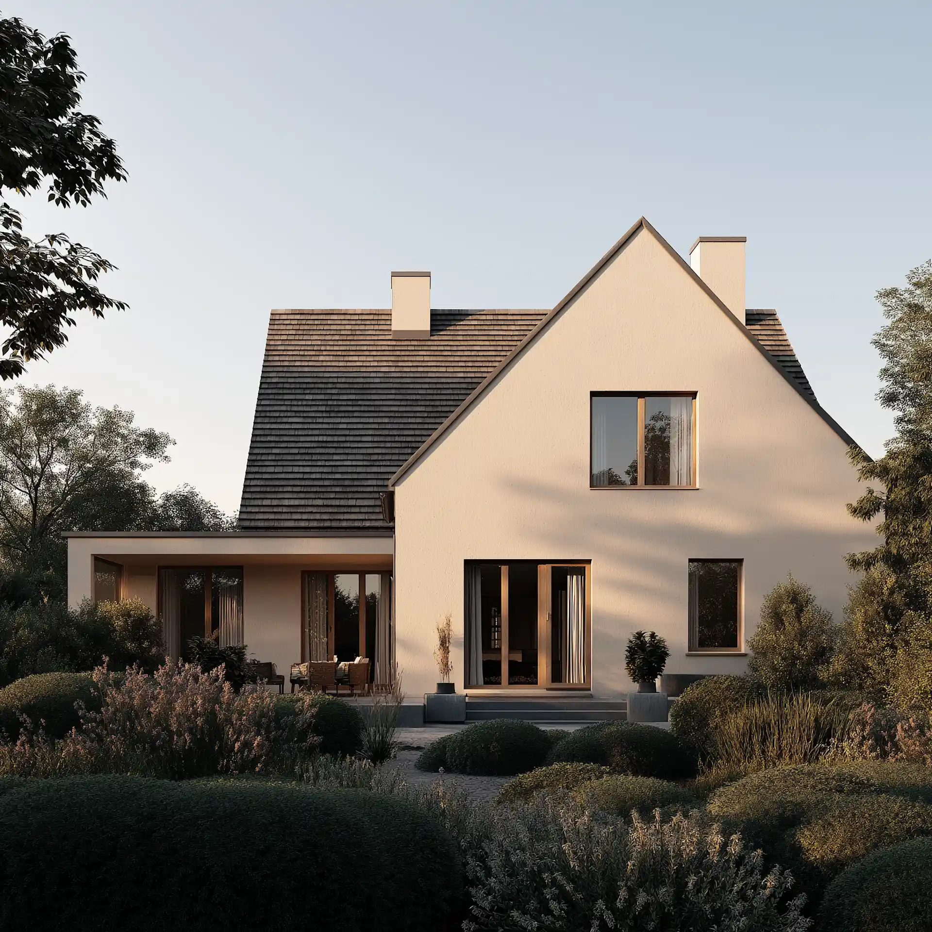 Modernes Einfamilienhaus mit Satteldach und großer Fensterfront, umgeben von Garten und Büschen.