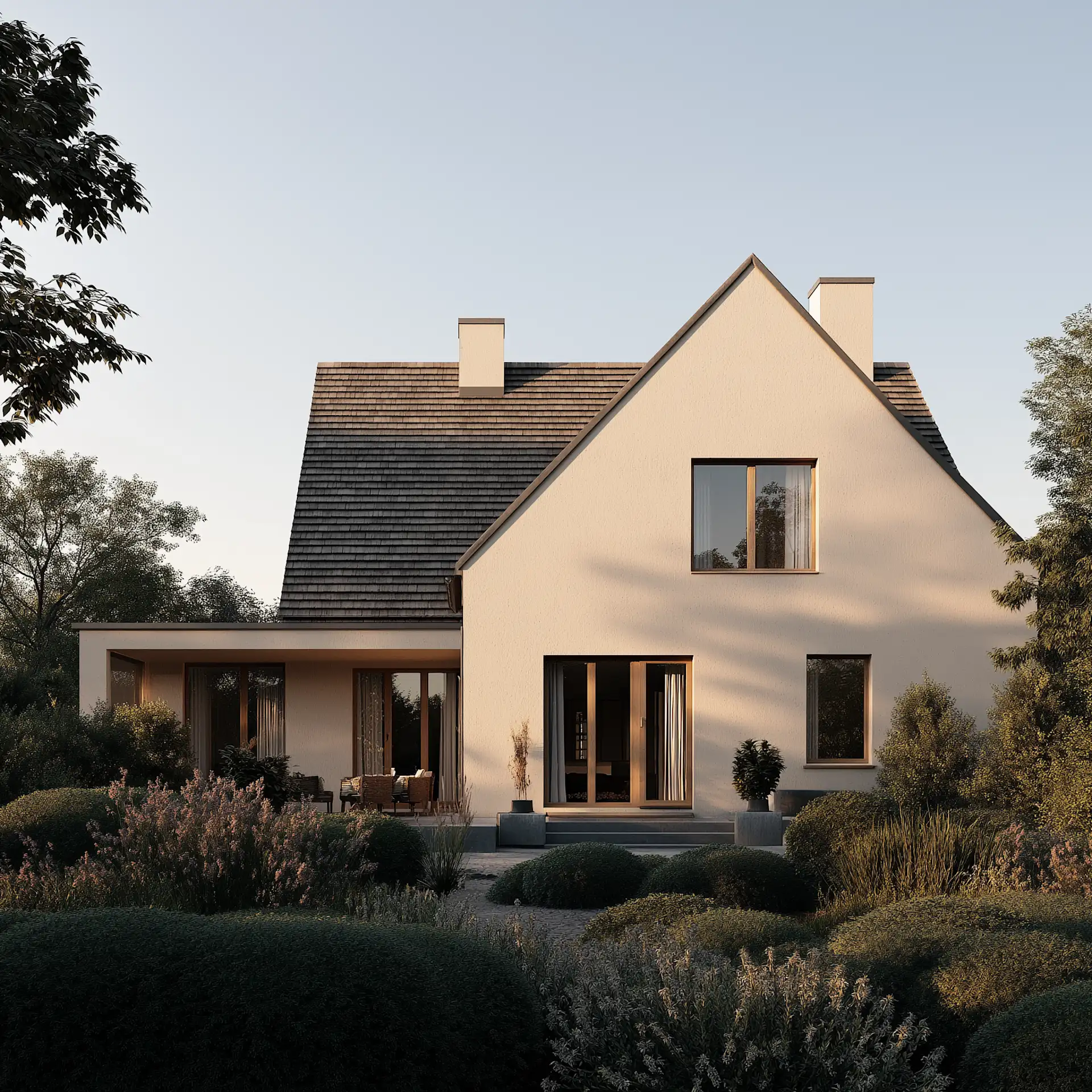 Modernes Einfamilienhaus mit Satteldach und großer Fensterfront, umgeben von Garten und Büschen.