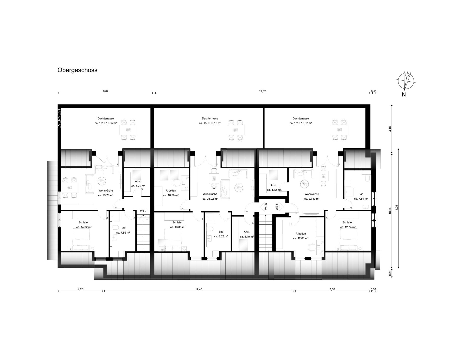 Grundriss des Obergeschosses mit Schlafzimmern, Bädern, Wohnzimmern und Fluren.