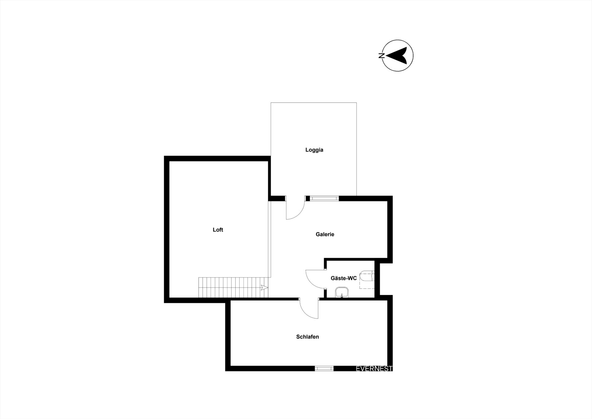 Grundriss mit Räumen: Loft, Galerie, Loggia, Schlafzimmer und Gäste-WC.
