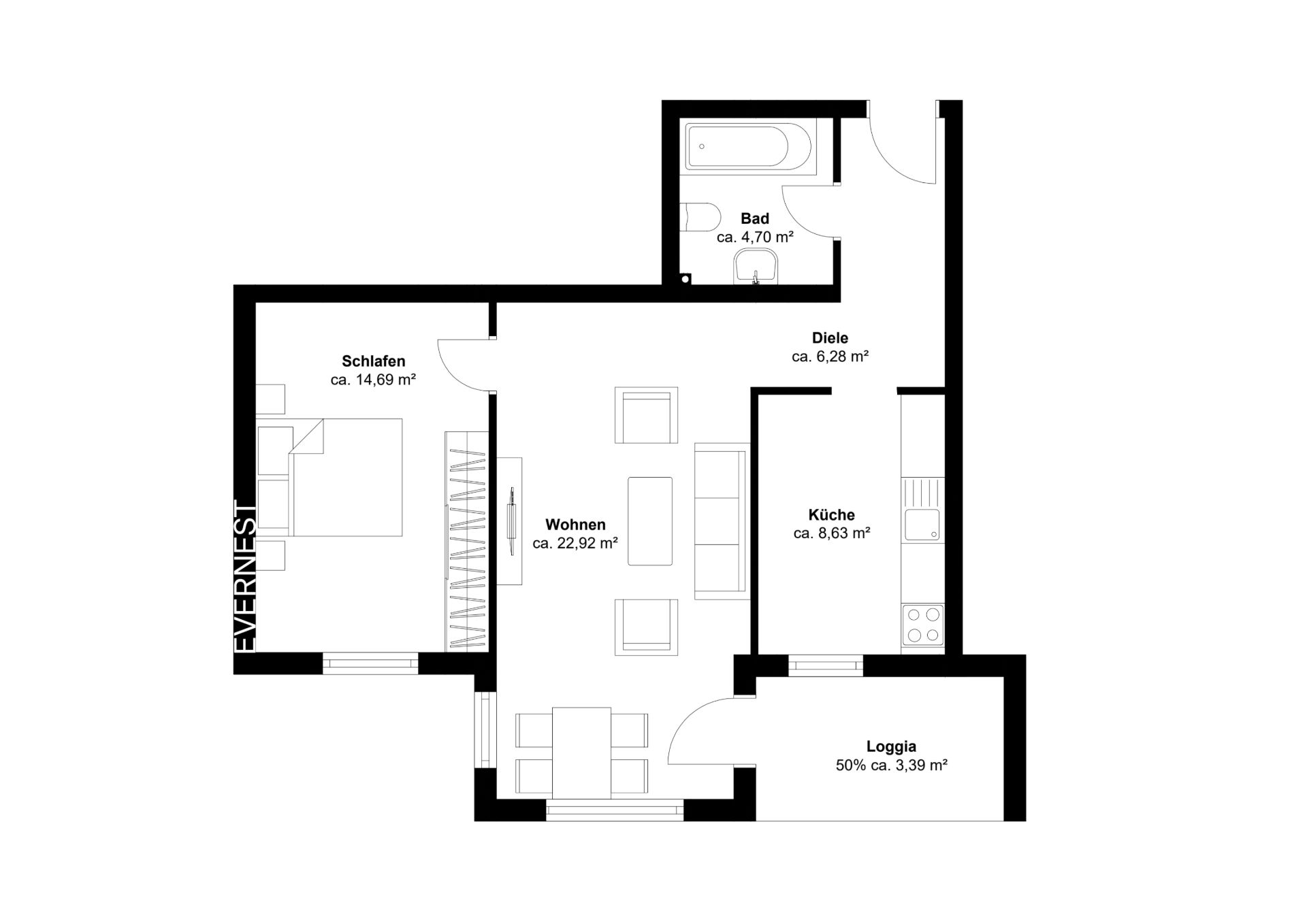 Grundriss einer Wohnung mit Schlafzimmer, Wohnzimmer, Küche, Bad, Diele und Loggia.