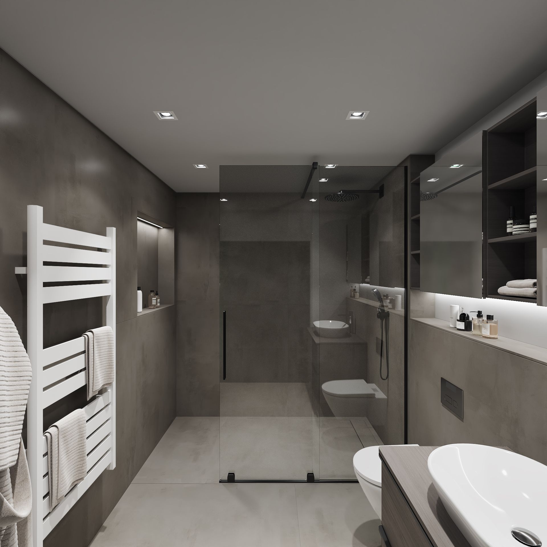 Modernes Badezimmer mit bodengleicher Dusche, Handtuchheizung, Waschbecken und Regalen.