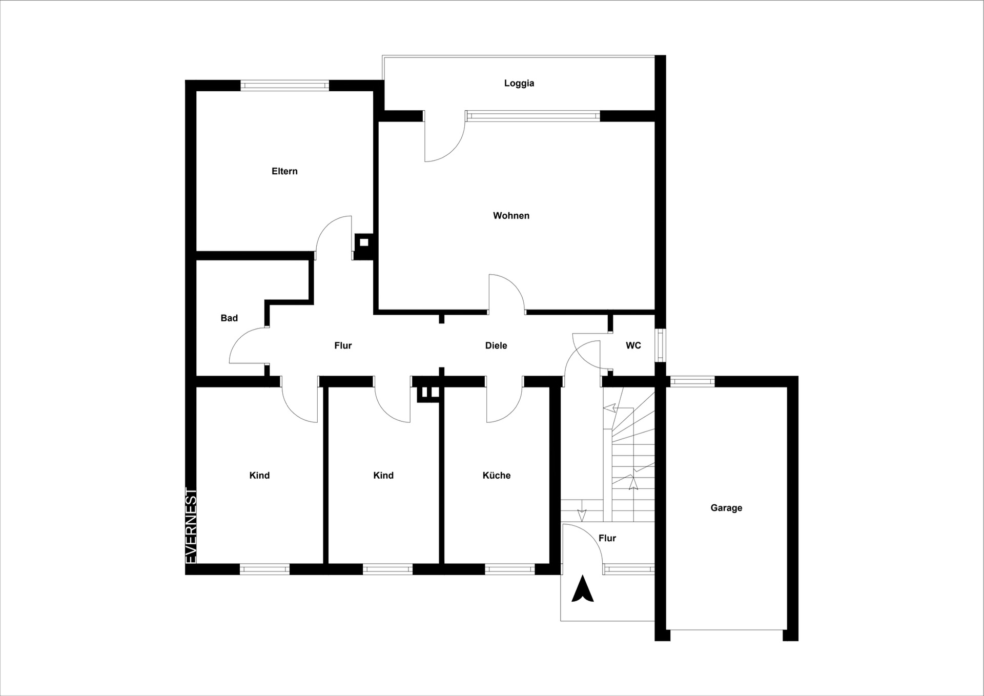 Grundriss einer Wohnung mit Zimmern, Küche, Bad, WC, Flur, Loggia und Garage.