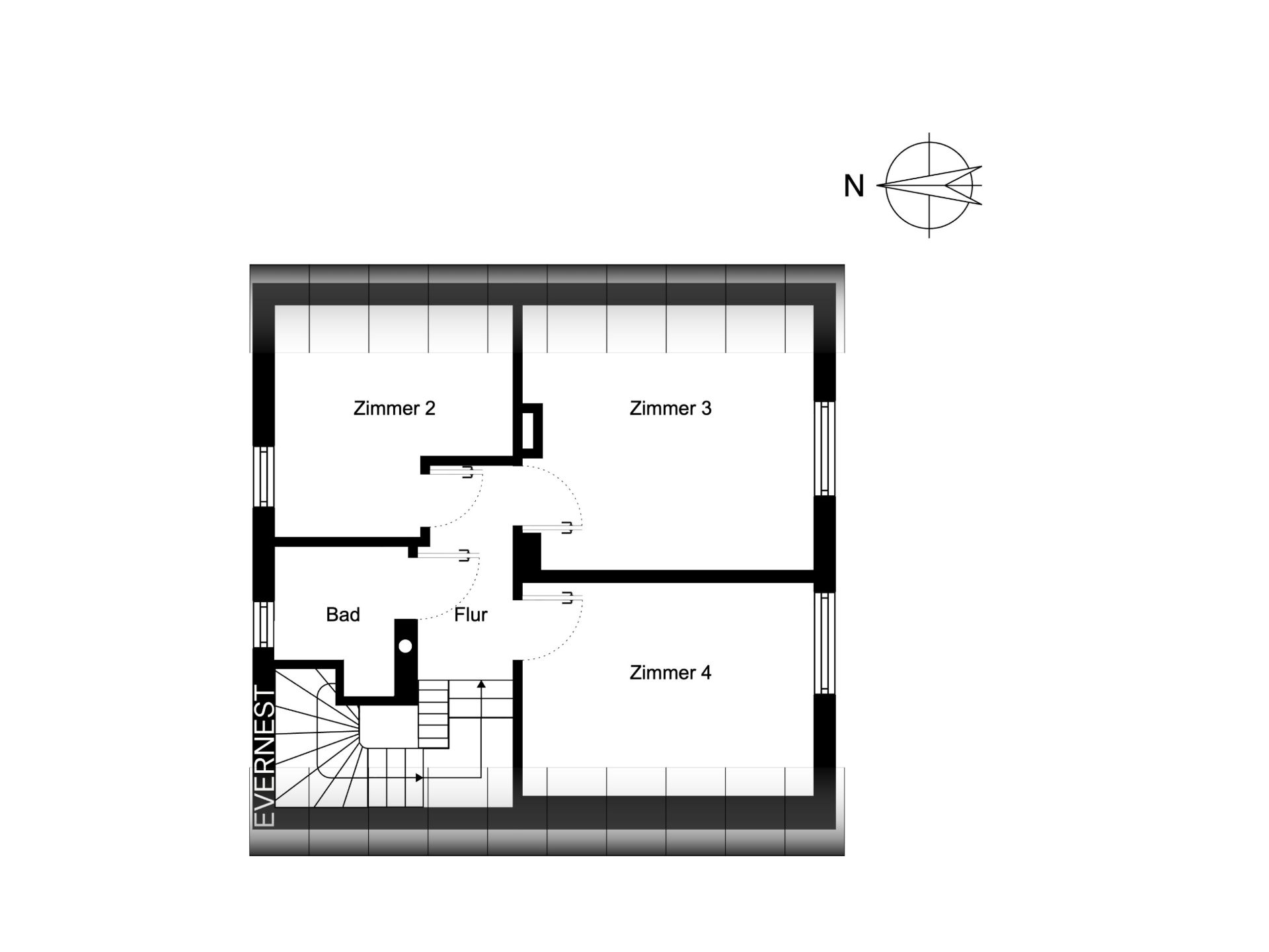 Grundriss mit drei Zimmern, Flur, Bad und Treppe.