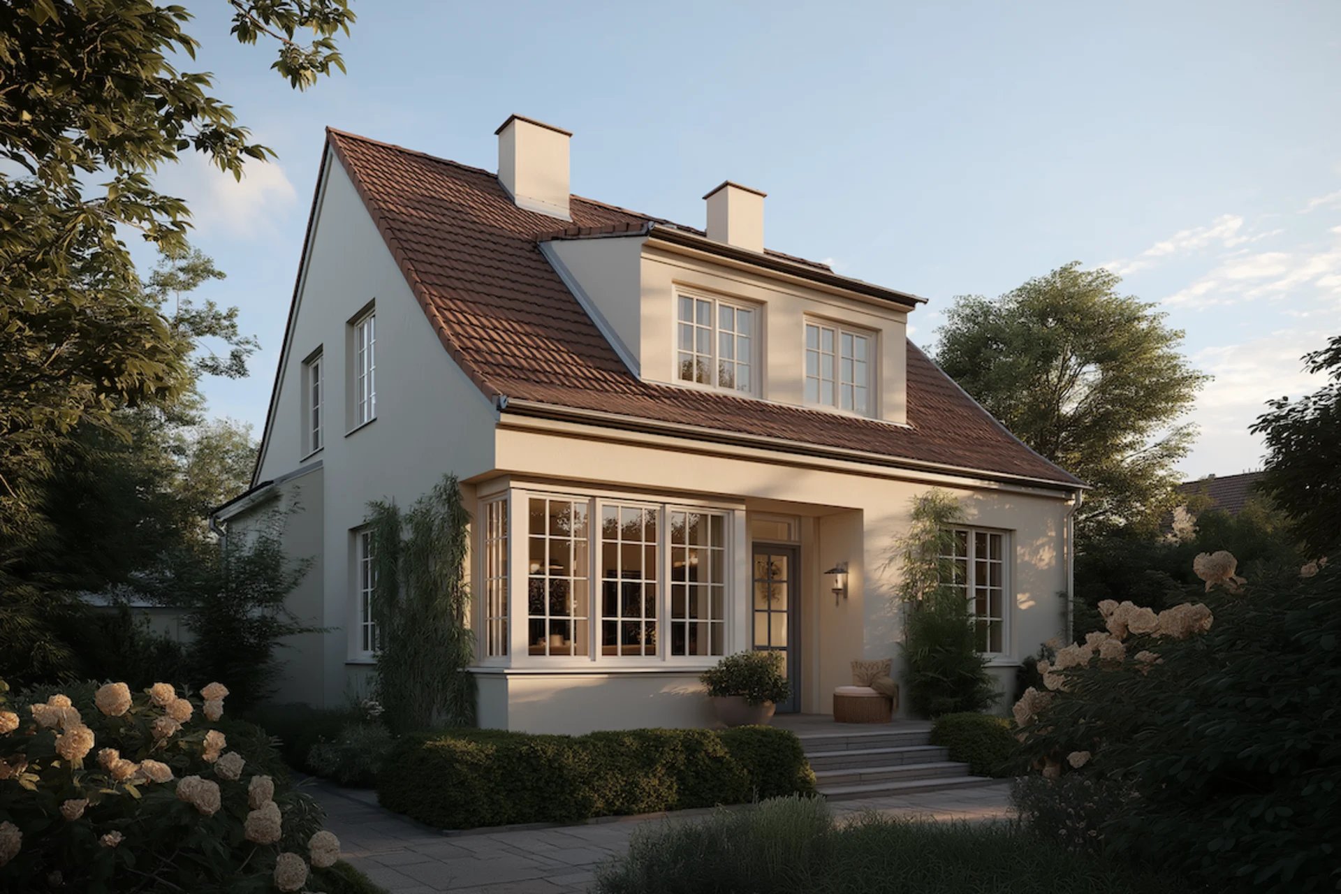 Einfamilienhaus mit rotem Dach, großen Fenstern und Garten im Vordergrund.