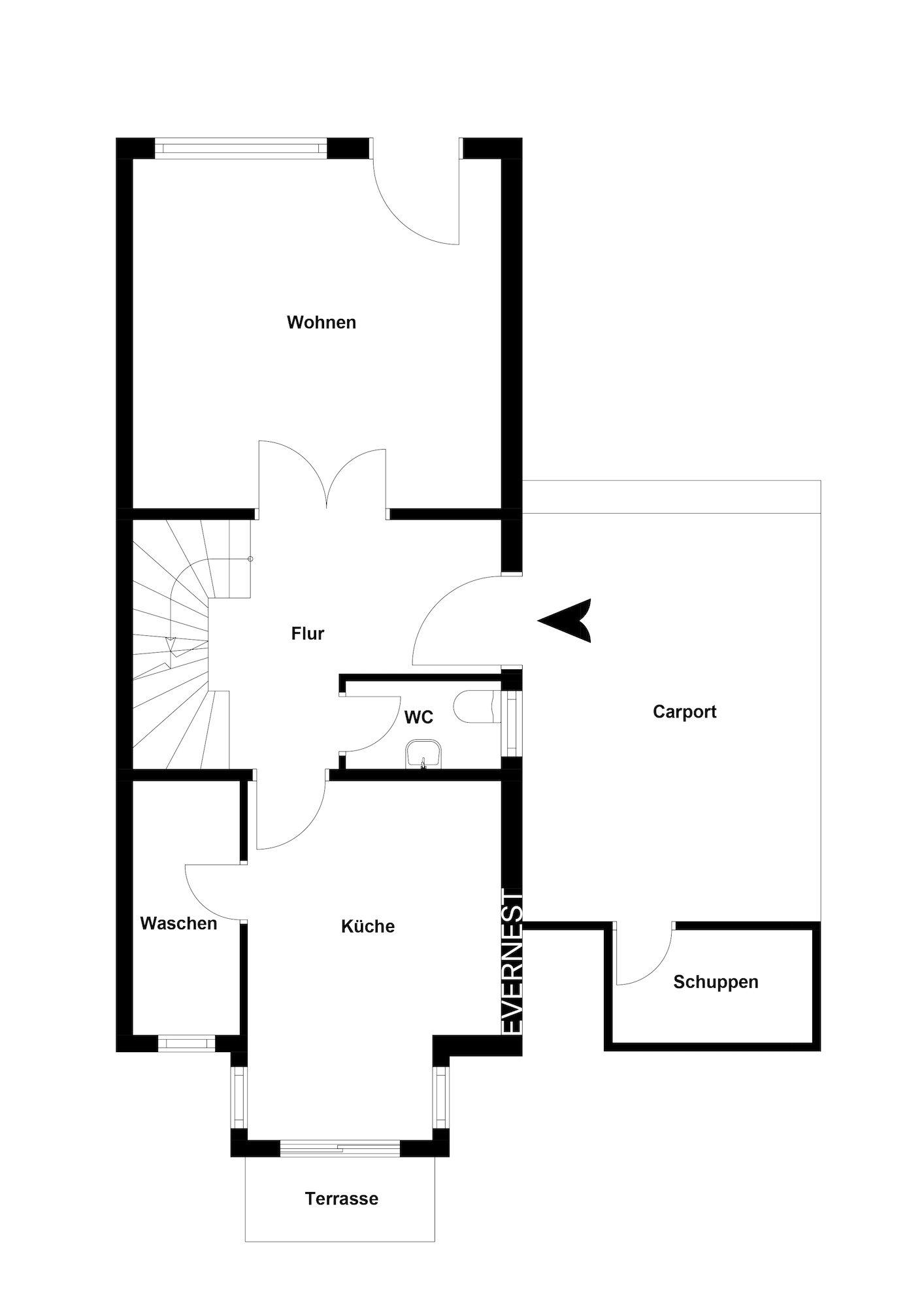 Grundriss mit Wohnen, Küche, Waschen, WC, Flur, Carport, Schuppen und Terrasse.