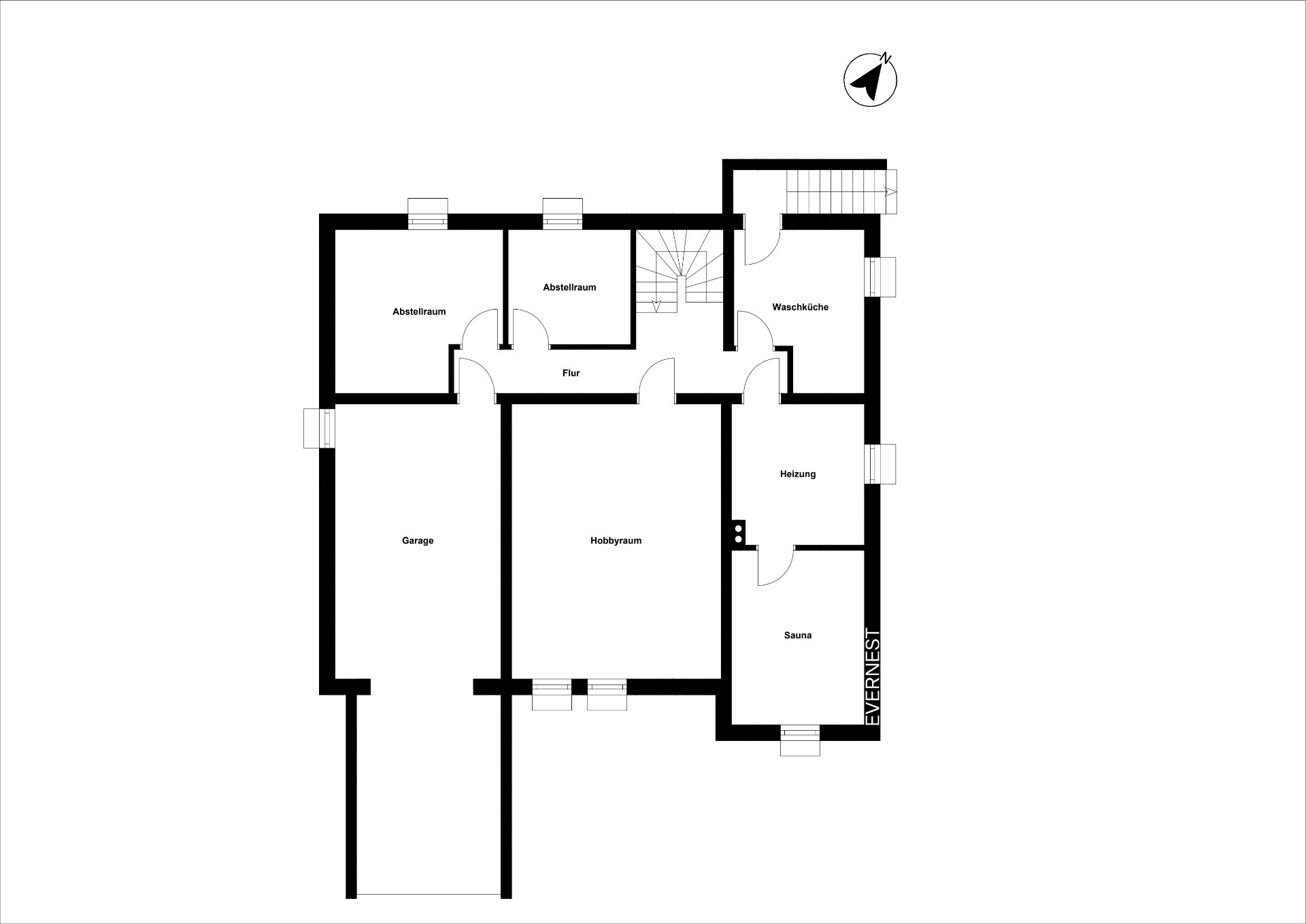 Grundriss mit Garage, Hobbyraum, Sauna, Heizung, Waschküche, Flur und Abstellräumen.
