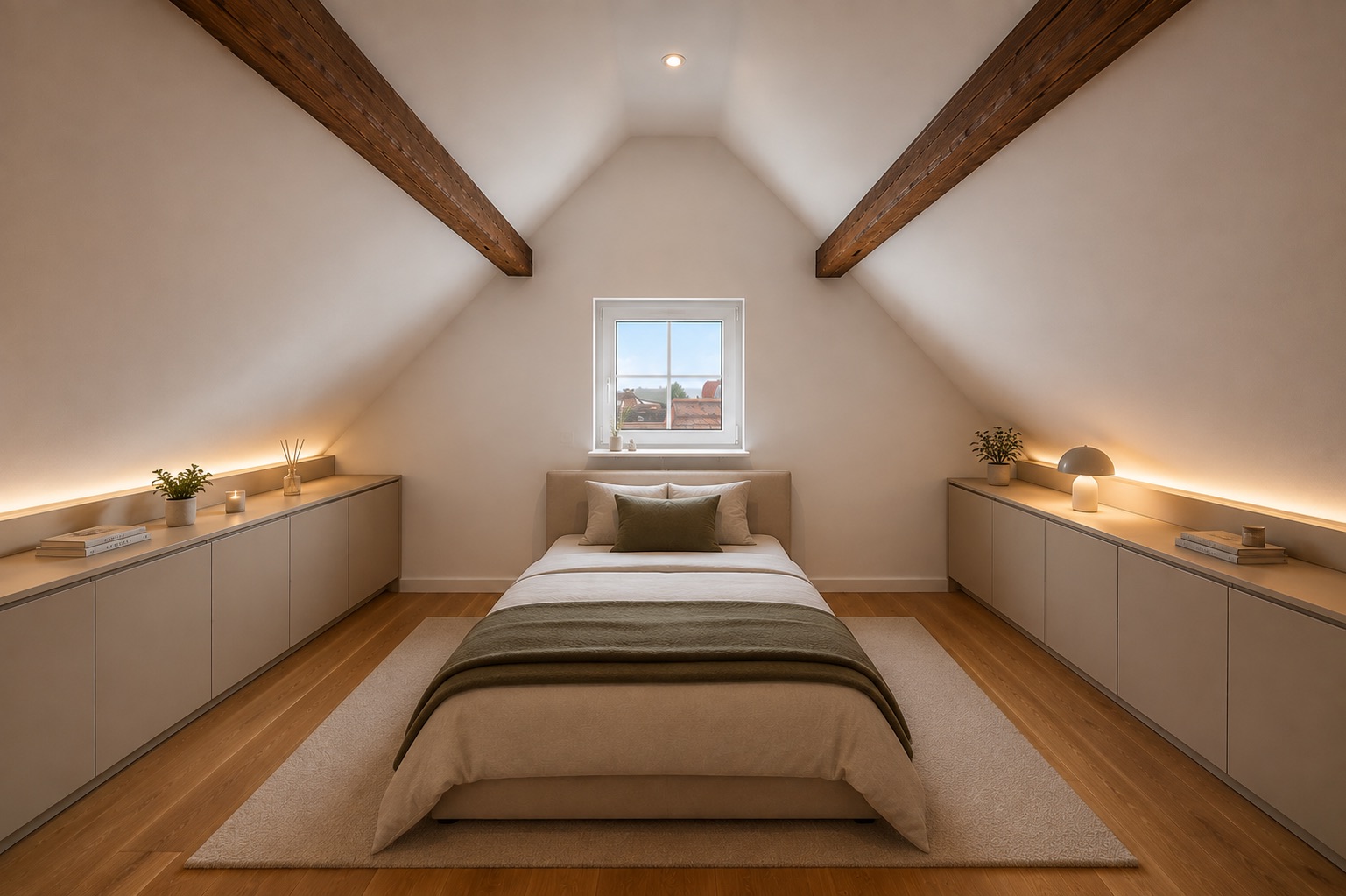 Modernes Schlafzimmer im Dachgeschoss mit Holzbalken, Bett und eingebauten Schränken.