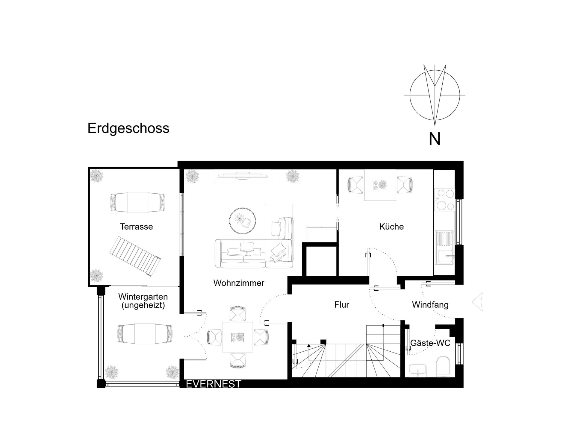 Grundriss des Erdgeschosses mit Wohnzimmer, Küche, Terrasse, Wintergarten und Gäste-WC.