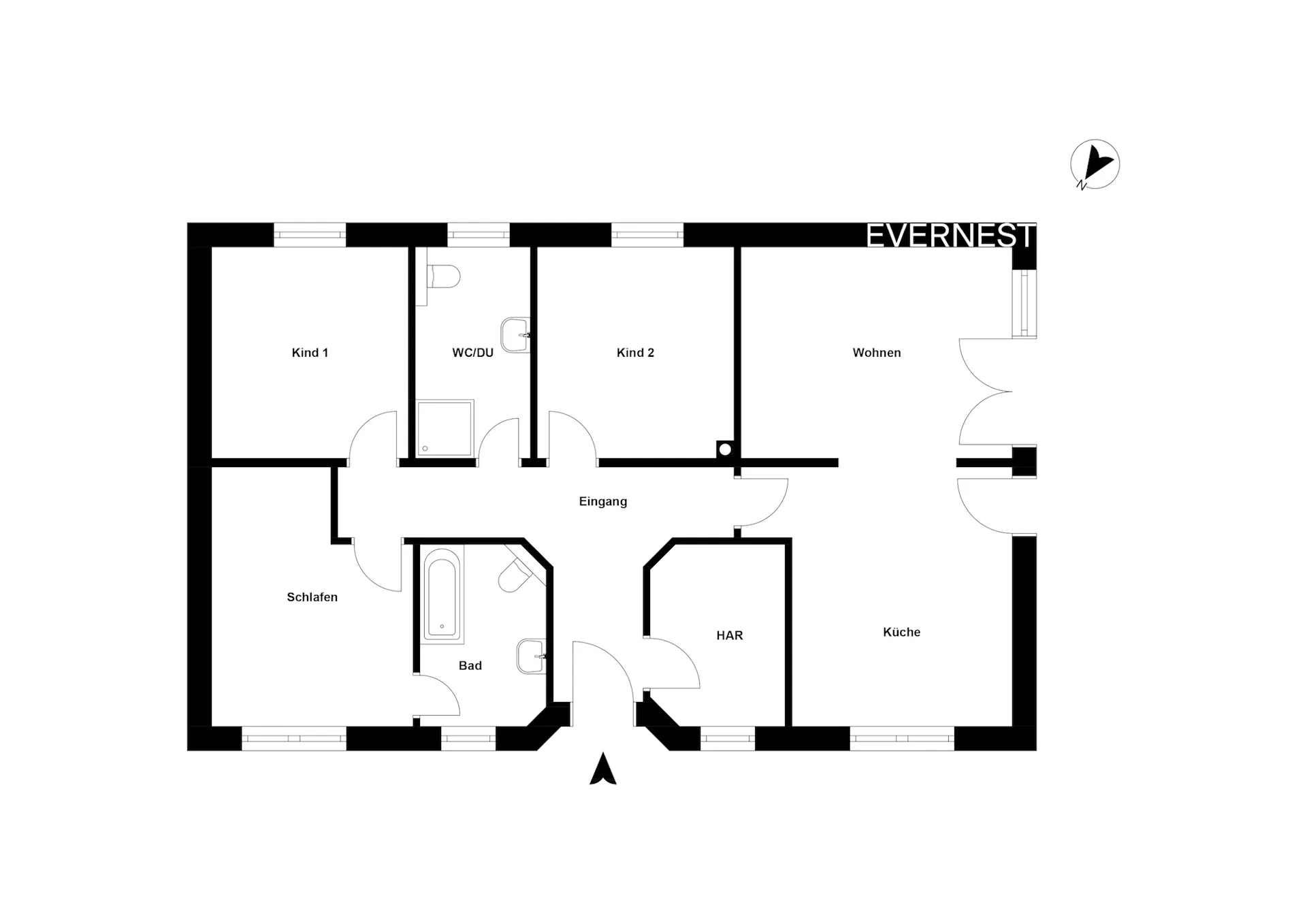 Grundriss einer Wohnung mit Schlafzimmer, zwei Kinderzimmern, Wohnzimmer, Küche, Bad und WC.