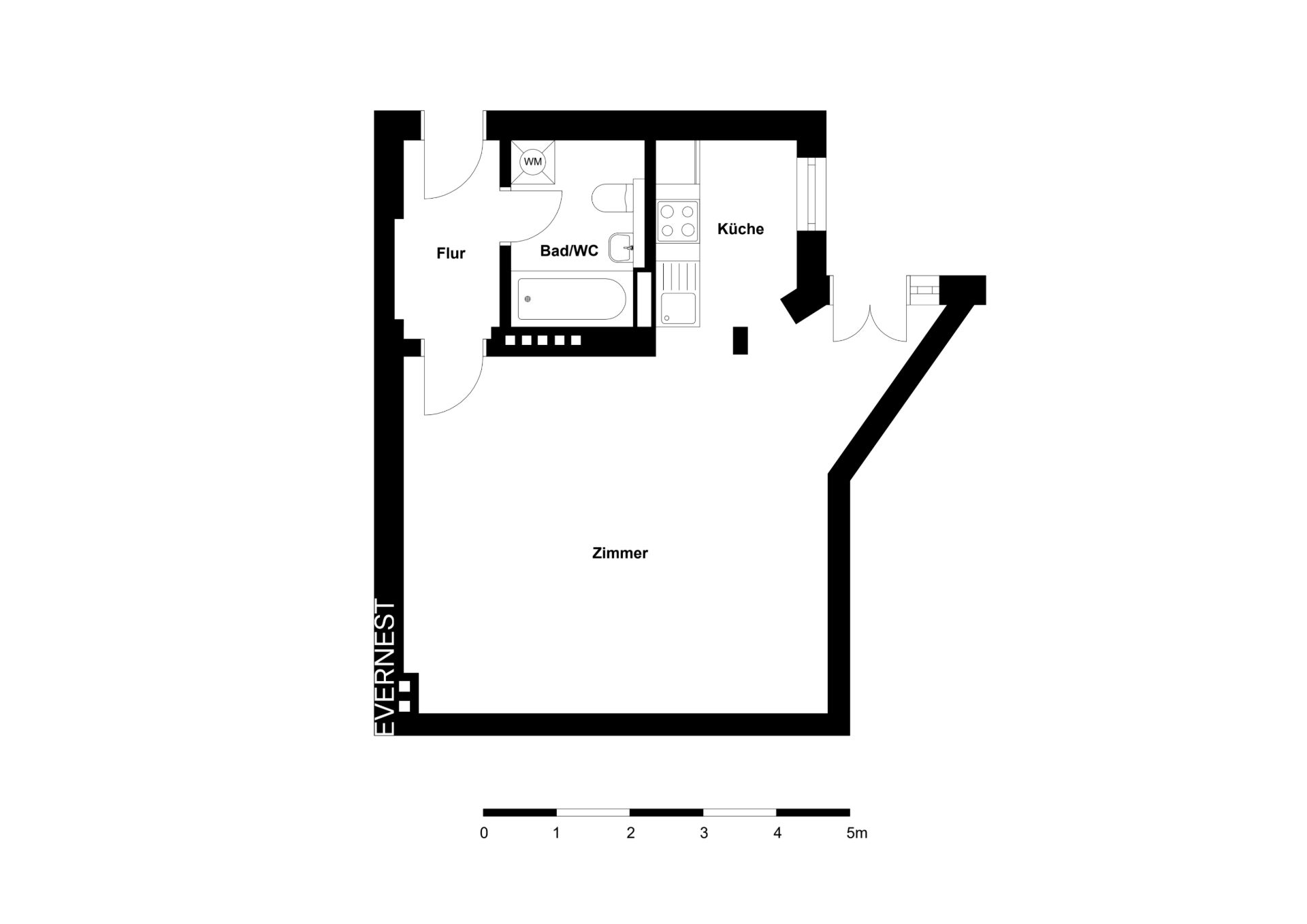 Grundriss einer Wohnung mit Flur, Bad/WC, Küche und großem Zimmer.
