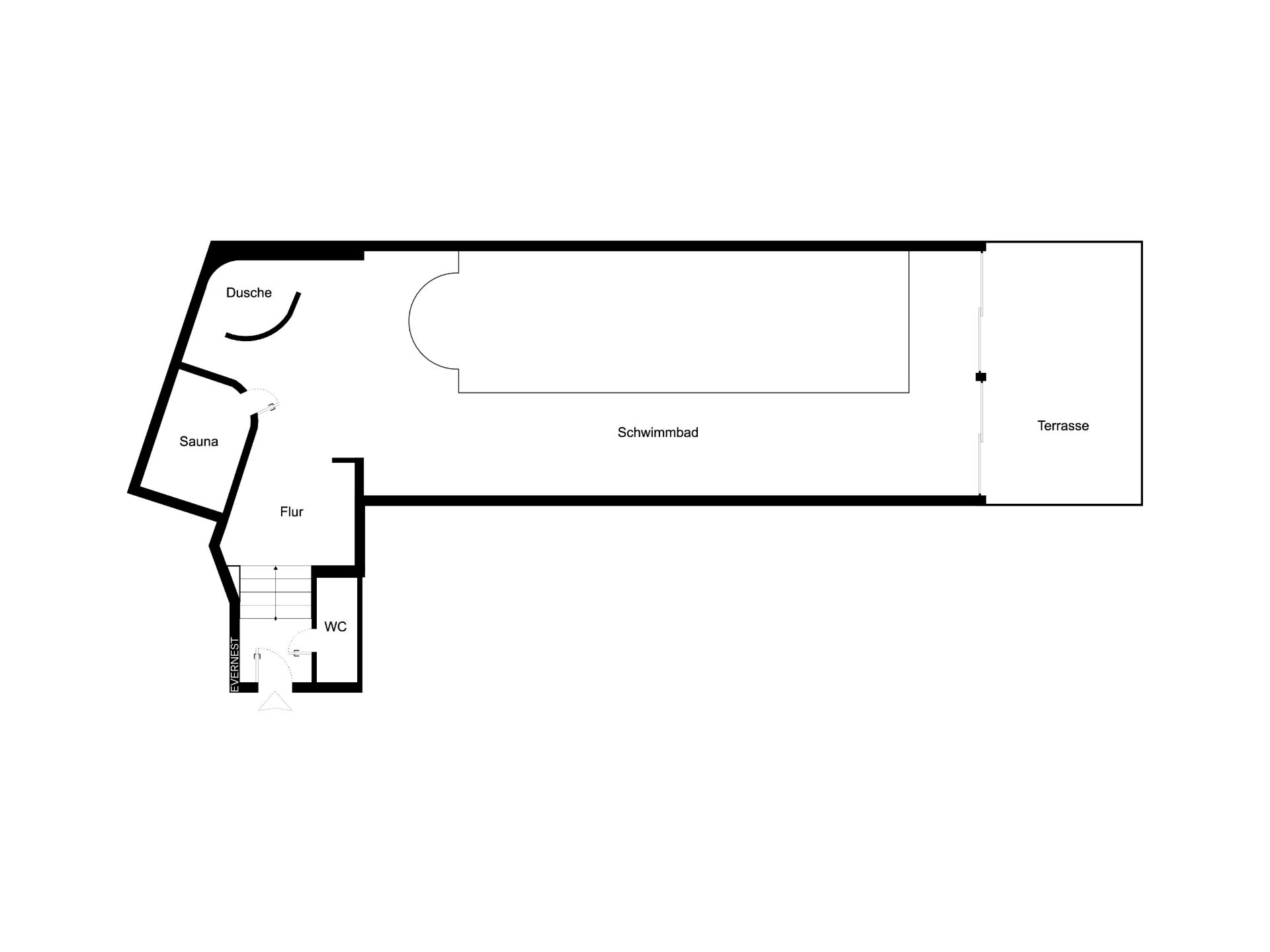 Grundriss mit Schwimmbad, Sauna, Dusche, WC, Flur und Terrasse.