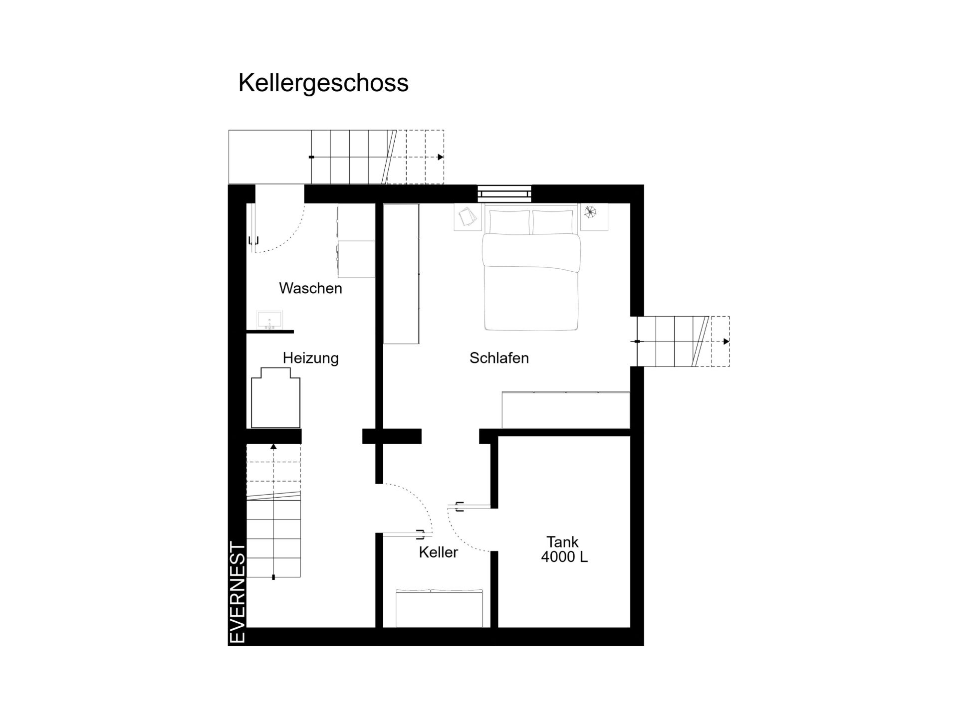 Grundriss des Kellergeschosses mit Waschen, Heizung, Schlafen, Keller und Tankraum.