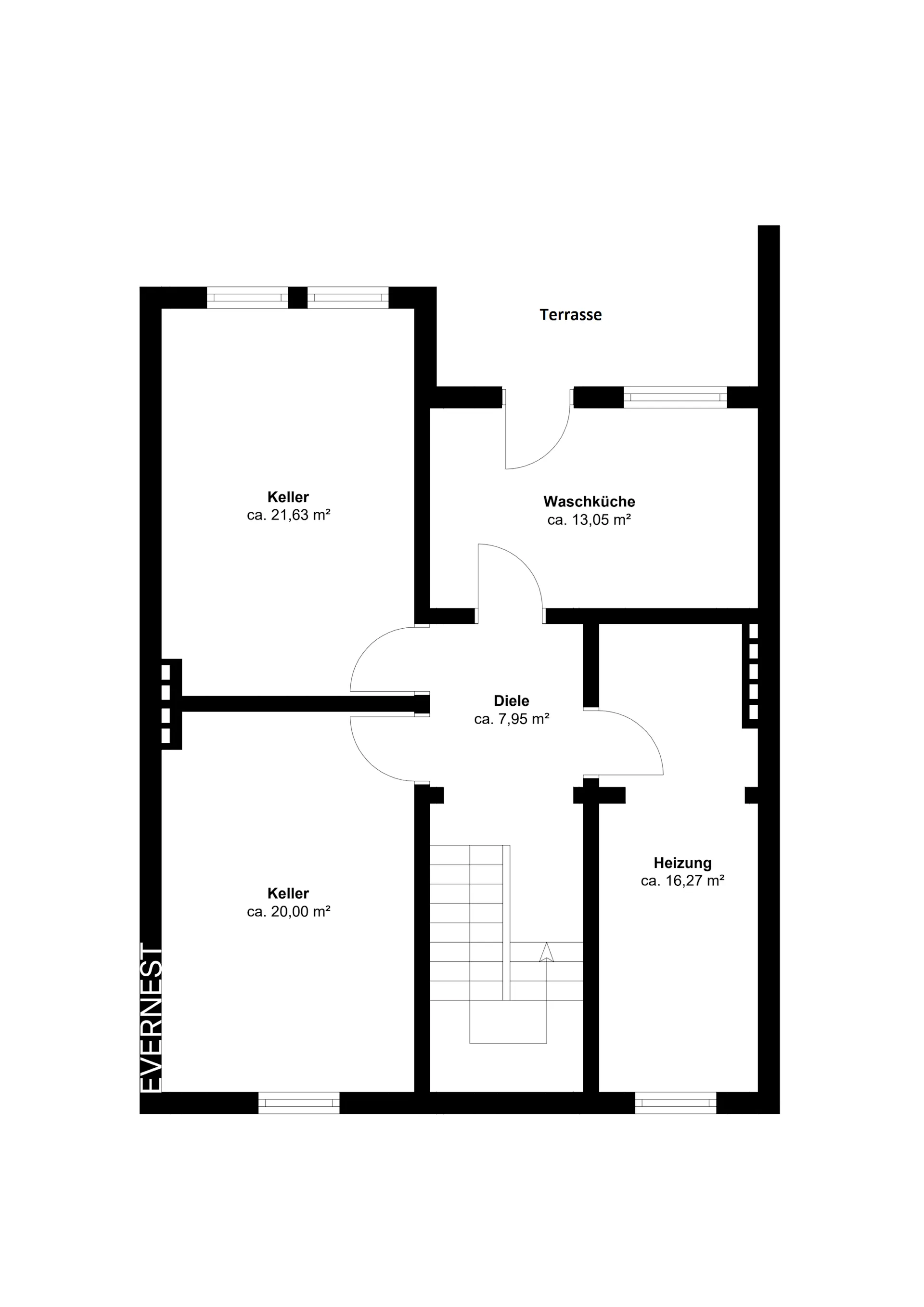 Grundriss mit zwei Kellerräumen, Heizungsraum, Waschküche, Diele und Terrasse.