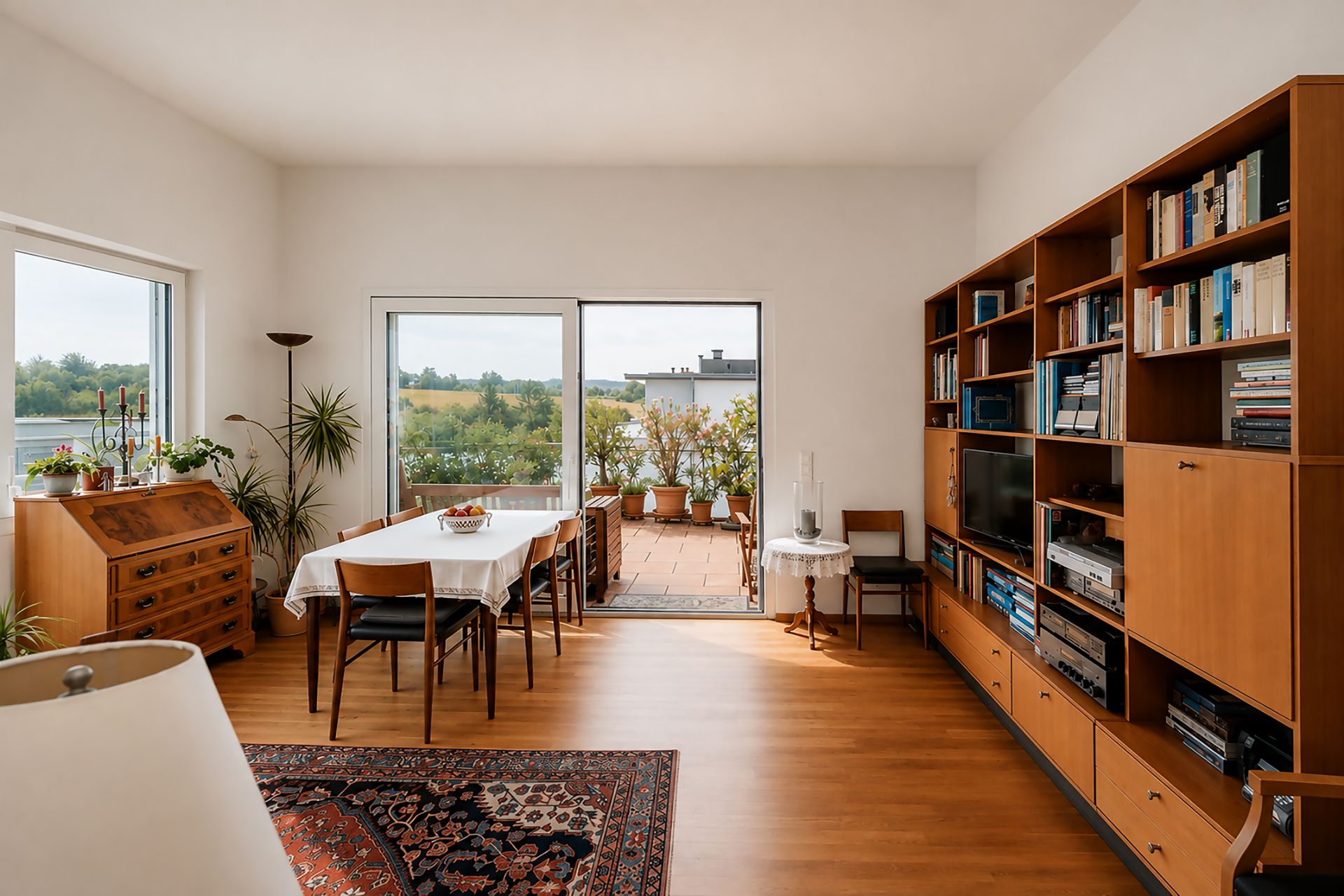 Helles Wohnzimmer mit Esstisch, Bücherregal und Zugang zu einer Terrasse mit Pflanzen.