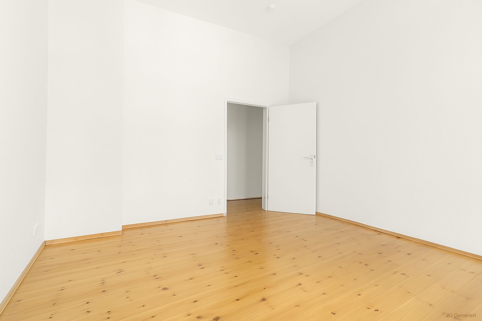 Leerer Raum mit hellem Holzboden, weißen Wänden und geöffneter Tür.