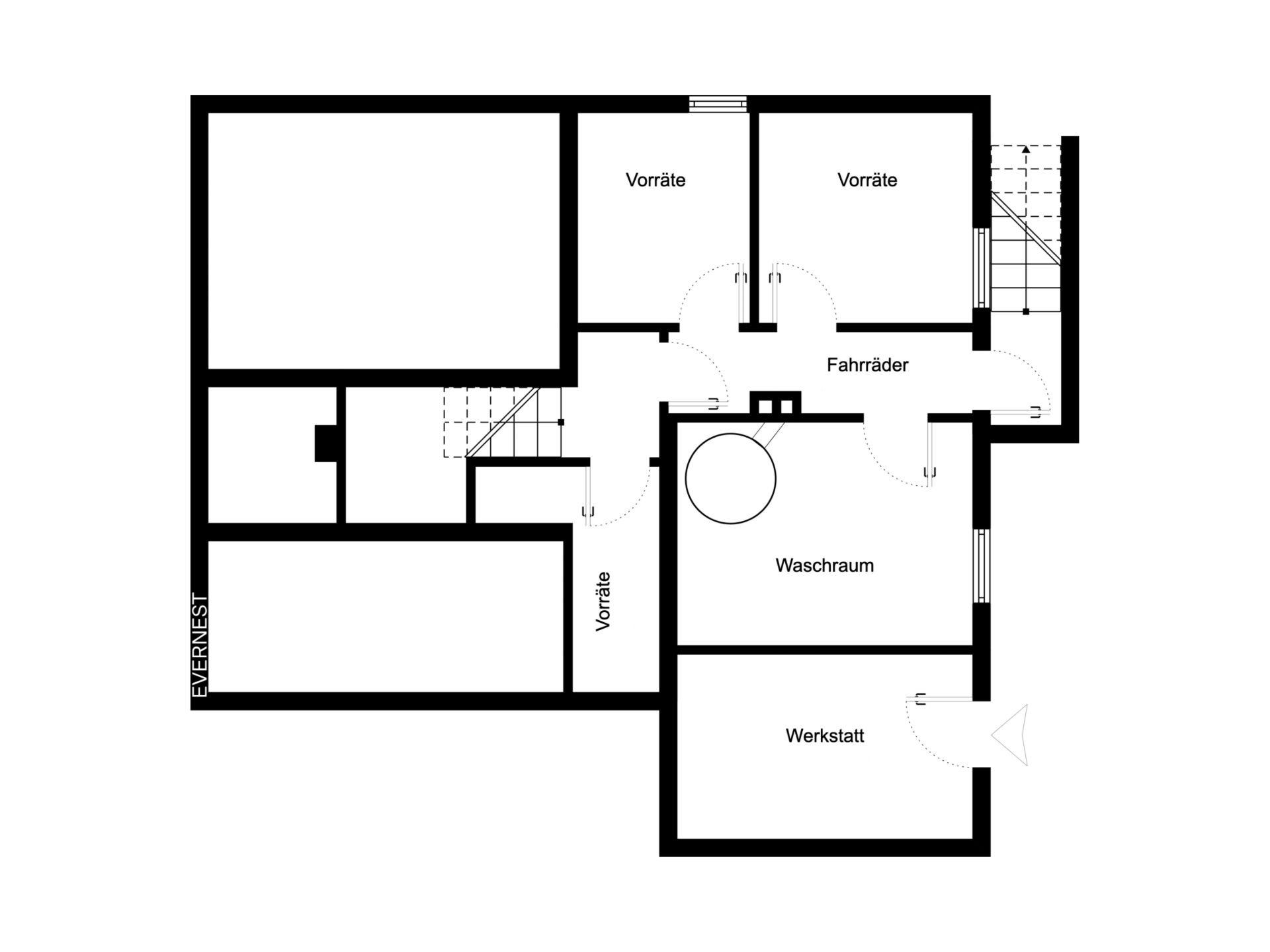 Grundriss eines Kellers mit Vorratsräumen, Fahrradraum, Waschraum und Werkstatt.