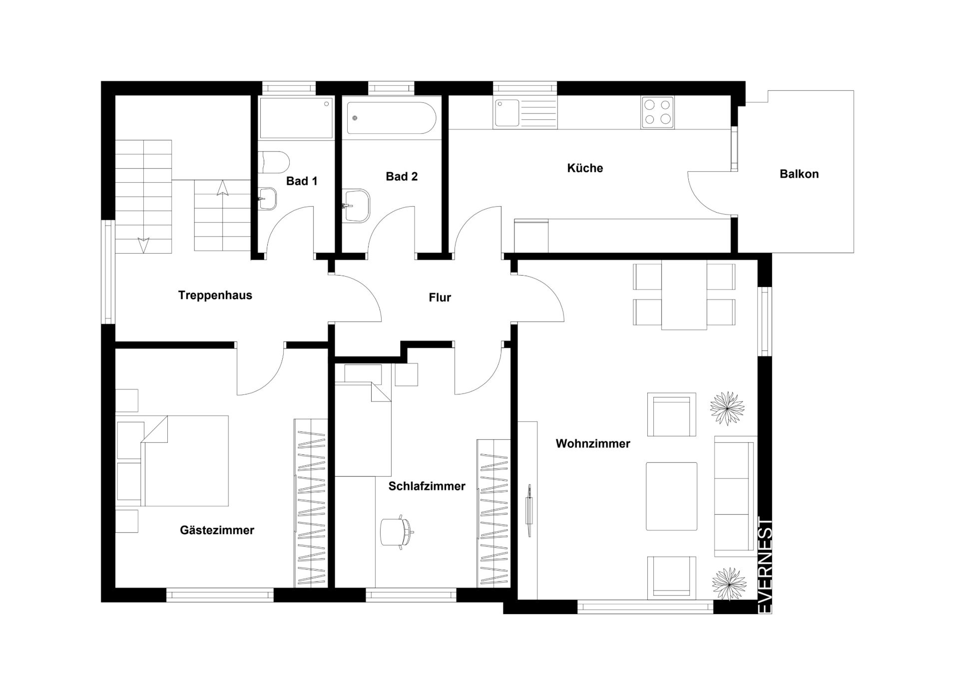 Grundriss einer Wohnung mit Küche, Wohnzimmer, Schlafzimmer, Gästezimmer, zwei Bädern und Balkon.