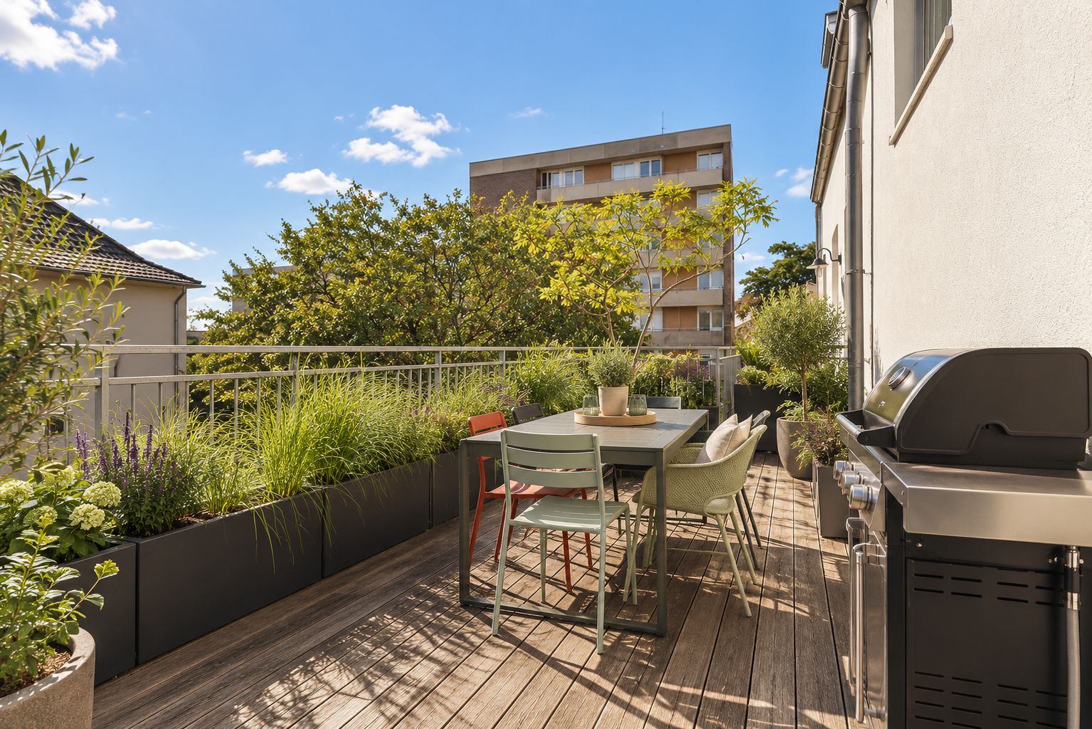 Große Terrasse mit Holzboden, Esstisch, Stühlen, Grill und vielen Pflanzen.