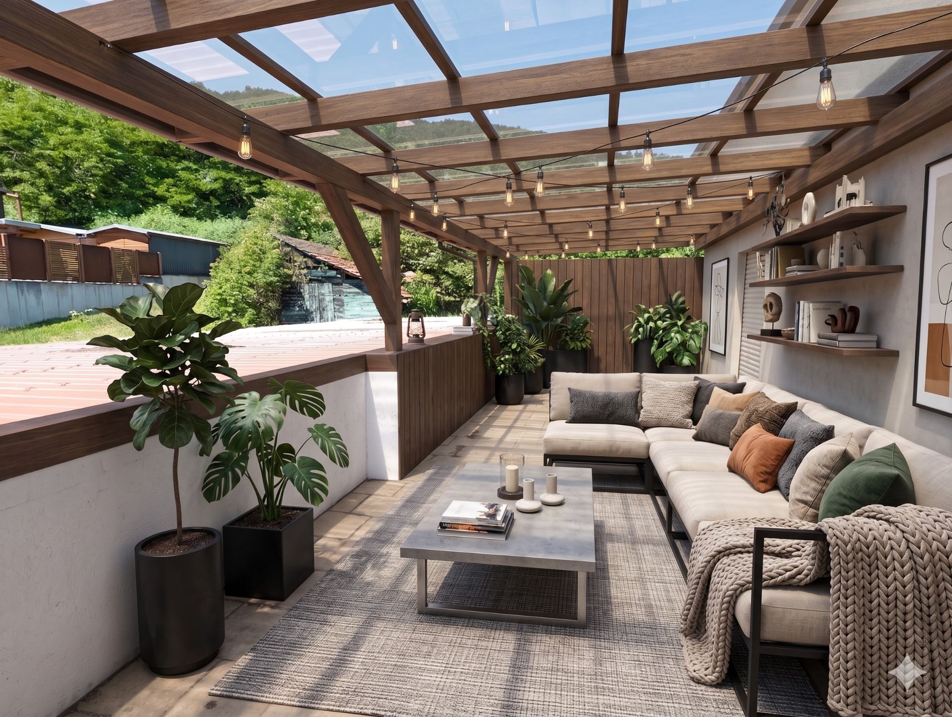 Überdachte Terrasse mit Sofaecke, Couchtisch, Pflanzen und Wandregalen, draußen im Grünen.