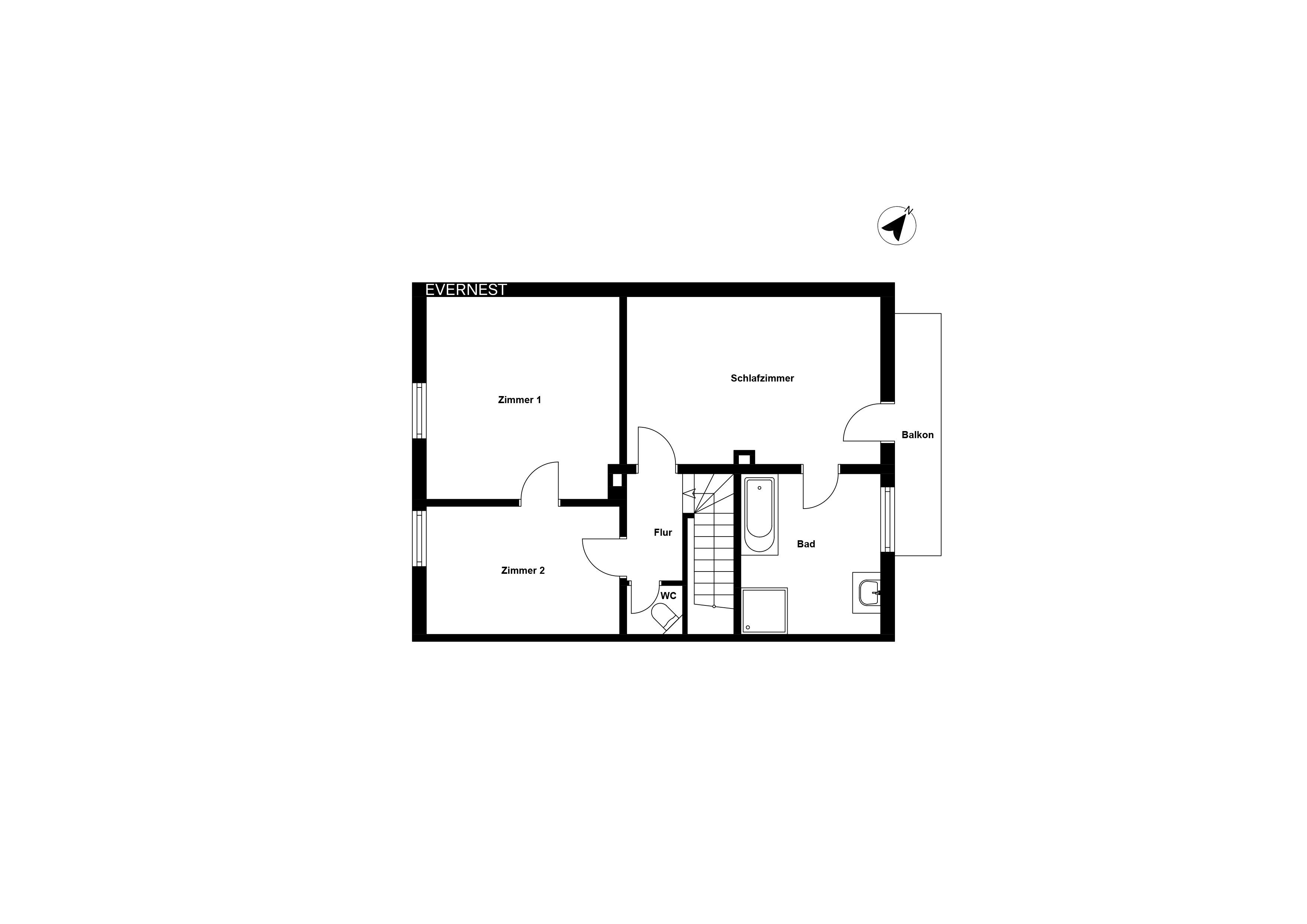 Grundriss mit zwei Zimmern, Schlafzimmer, Bad, WC, Flur und Balkon.