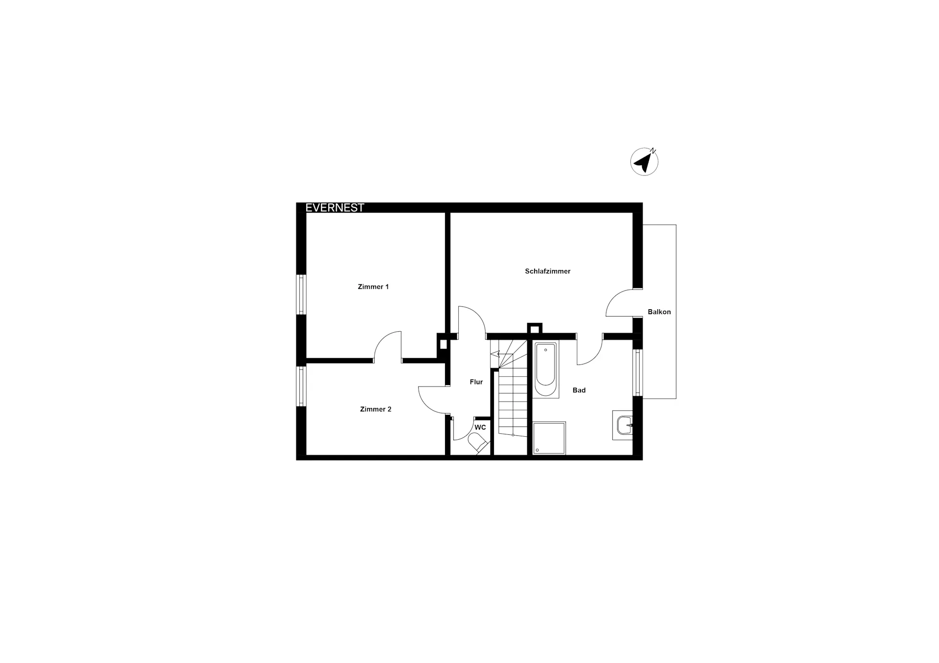 Grundriss mit zwei Zimmern, Schlafzimmer, Bad, WC, Flur und Balkon.