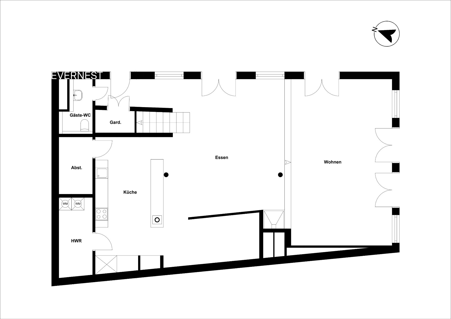 Grundriss mit Küche, Essbereich, Wohnzimmer, Gäste-WC, Garderobe und Hauswirtschaftsraum.