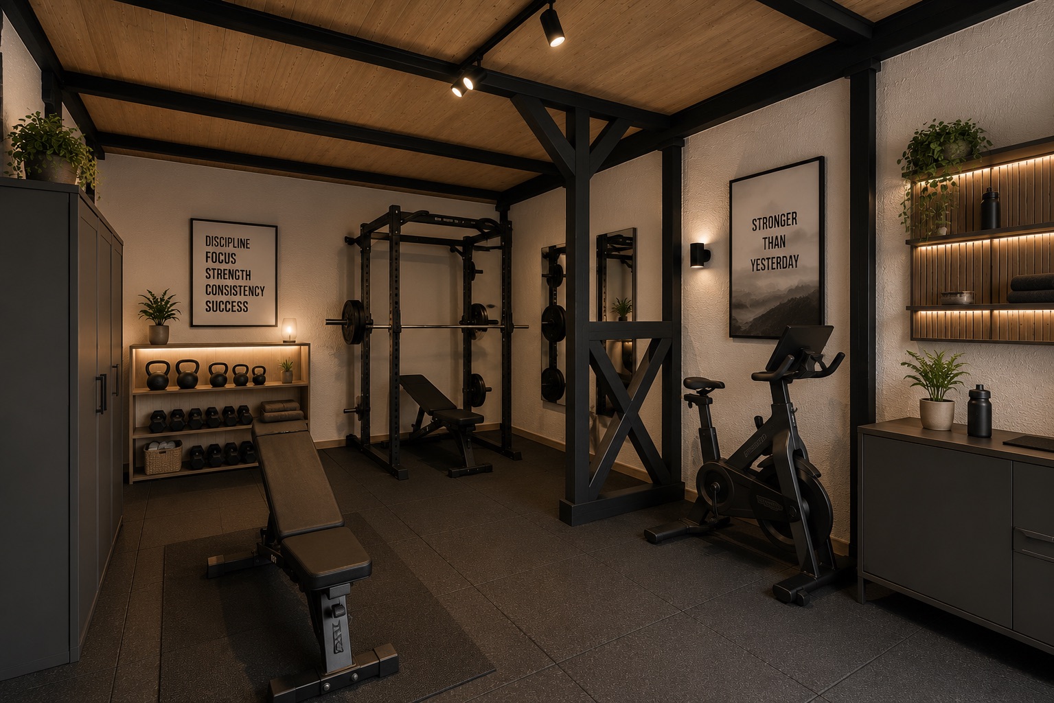 Modernes Heim-Fitnessstudio mit Hantelbank, Fitnessgeräten, Regalen und Pflanzen.