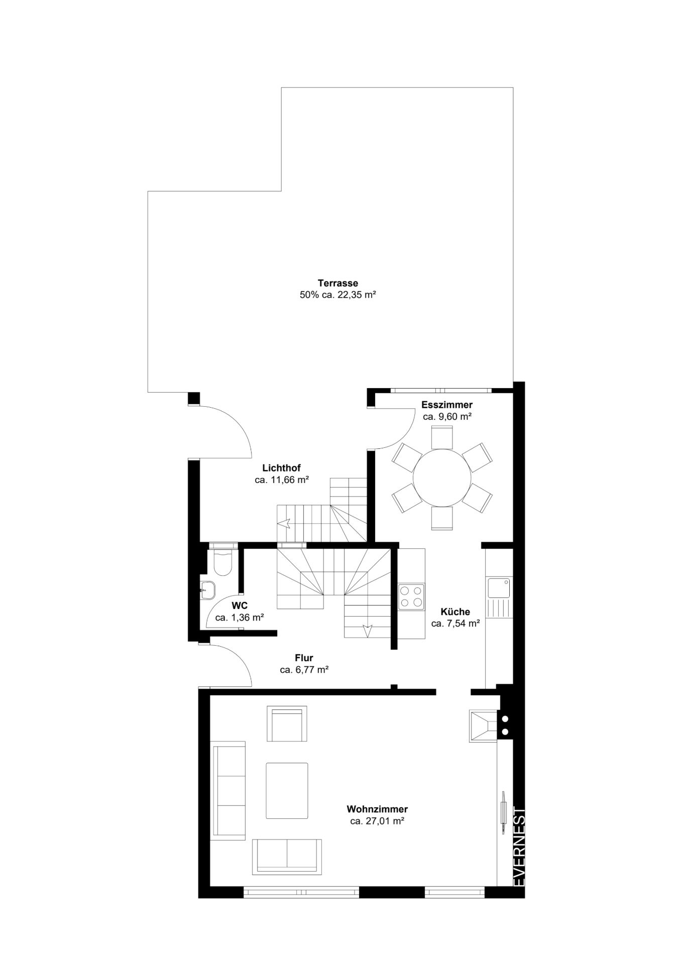 Grundriss eines Wohnhauses mit Wohnzimmer, Küche, Esszimmer, WC, Flur und Terrasse.